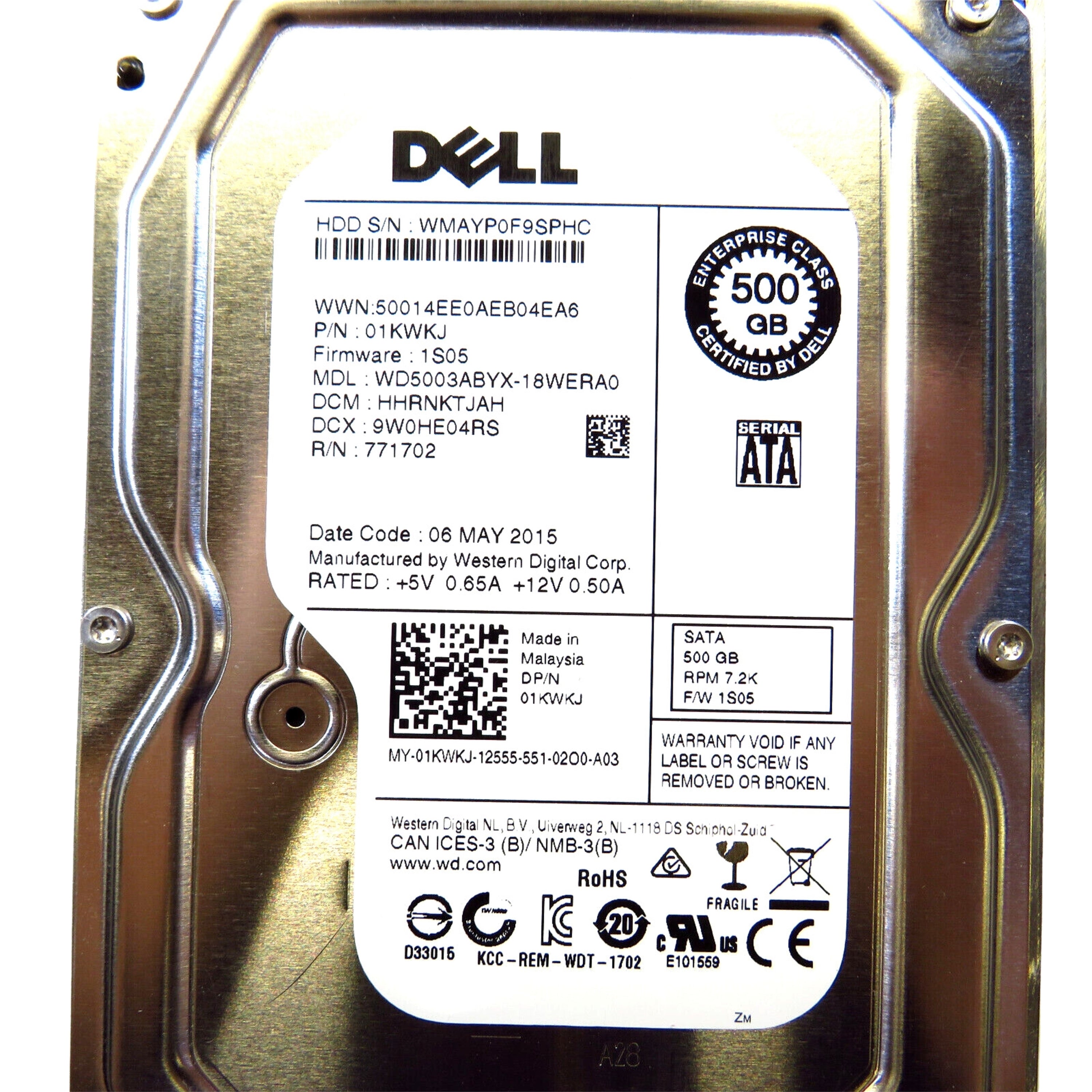 Dell 1KWKJ 3.5" 500GB 7200RPM SATA II Hard Disk Drive (HDD), Silver (Refurbished)