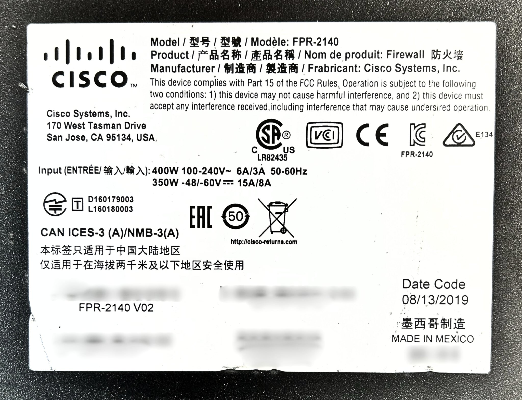 Cisco FPR-2140 Firepower 2140 Security Appliance 1U 20G FW Throughput
