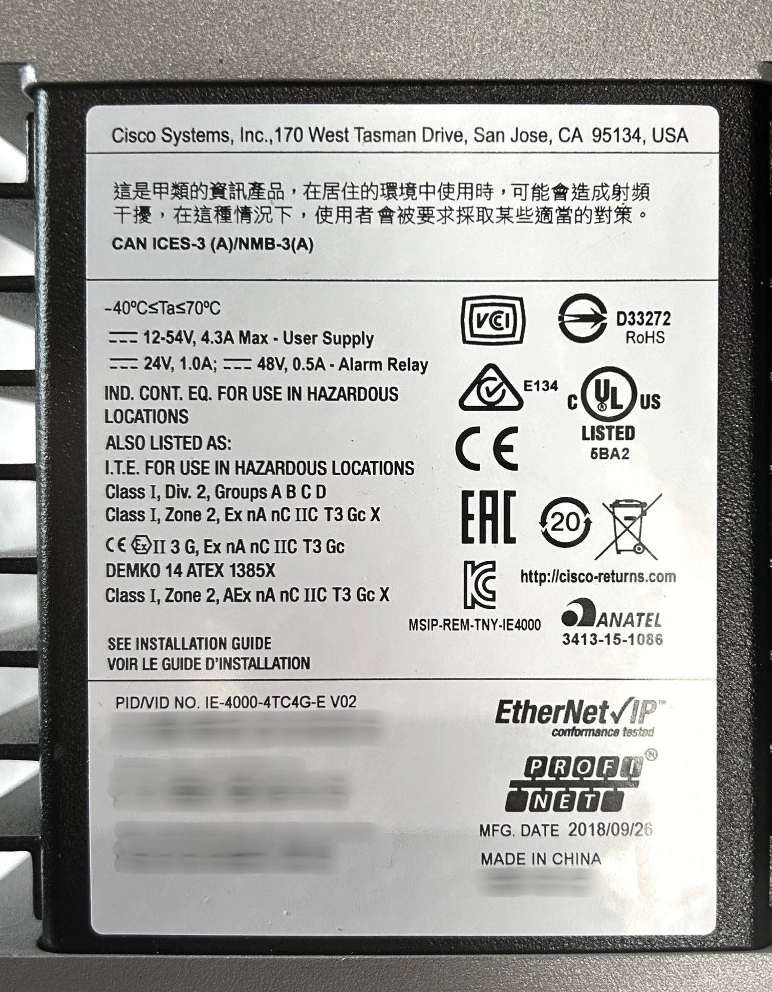 Cisco IE-4000-4TC4G-E Industrial Ethernet Switch 4000 Series 4 x Combo