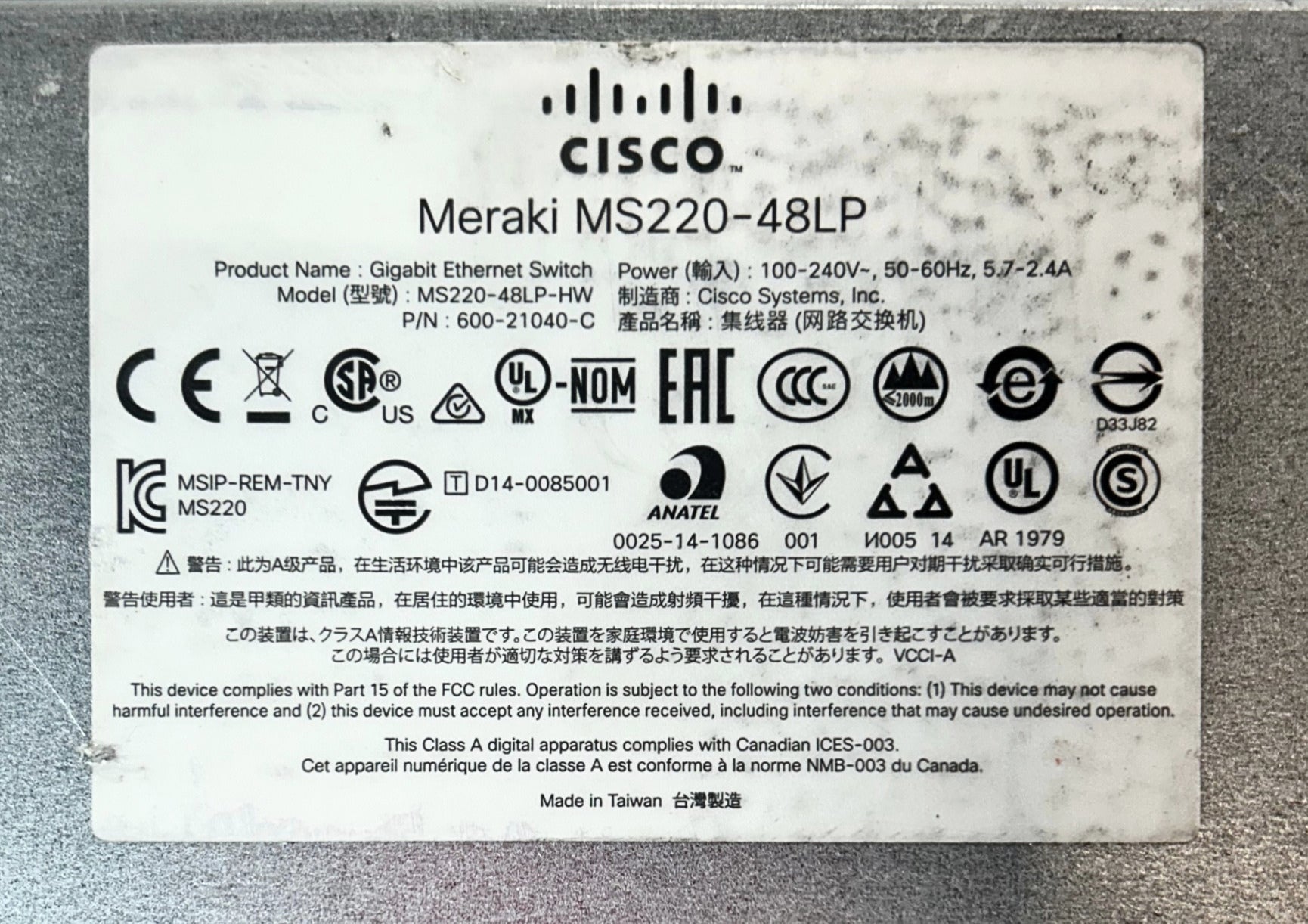 Cisco MS220-48LP-HW Meraki L2 Cloud Managed 48-Port SFP POE Switch