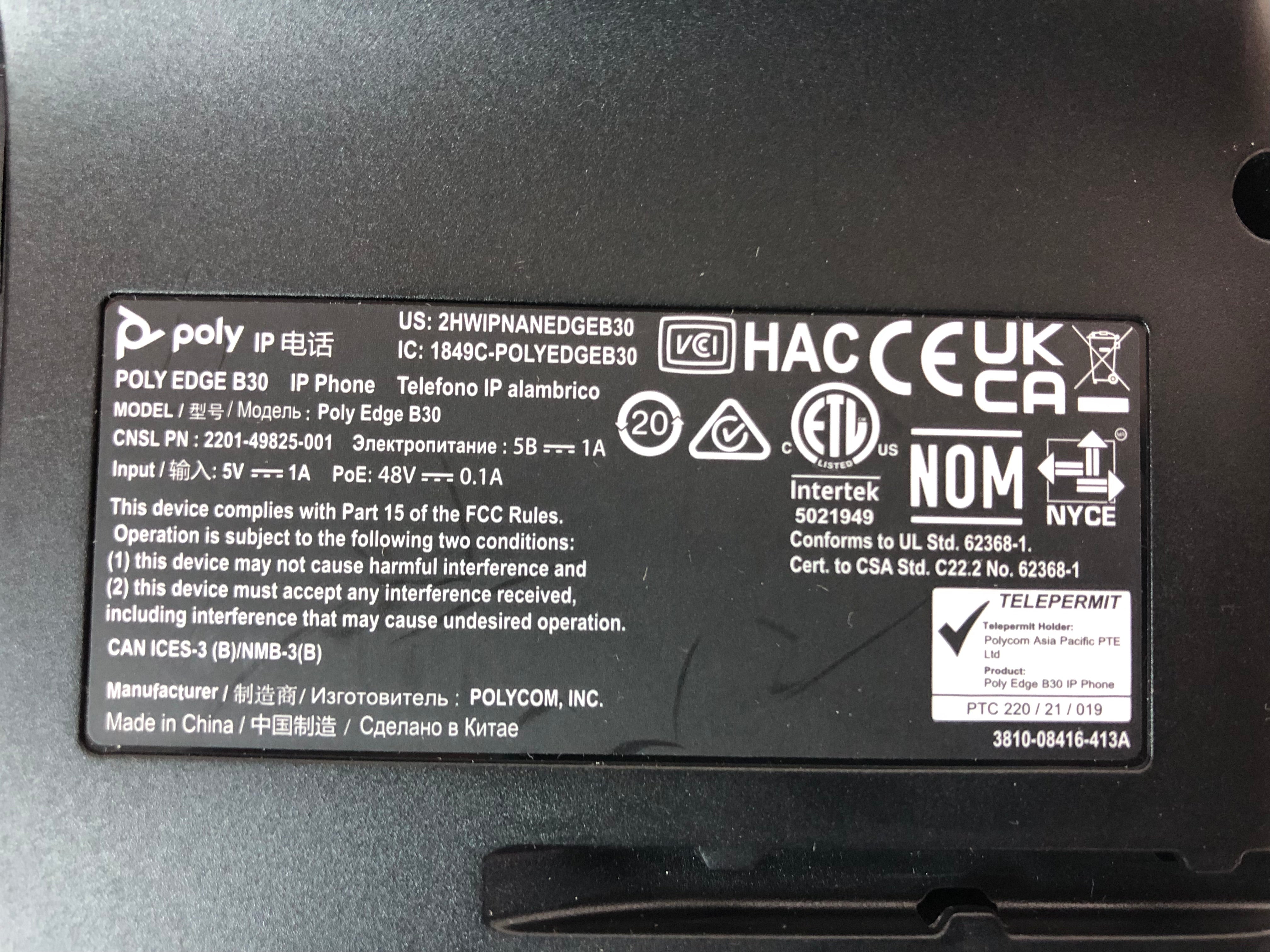 Polycom Poly Edge B30 IP phone set, 2201-49825-001, 48V adapter