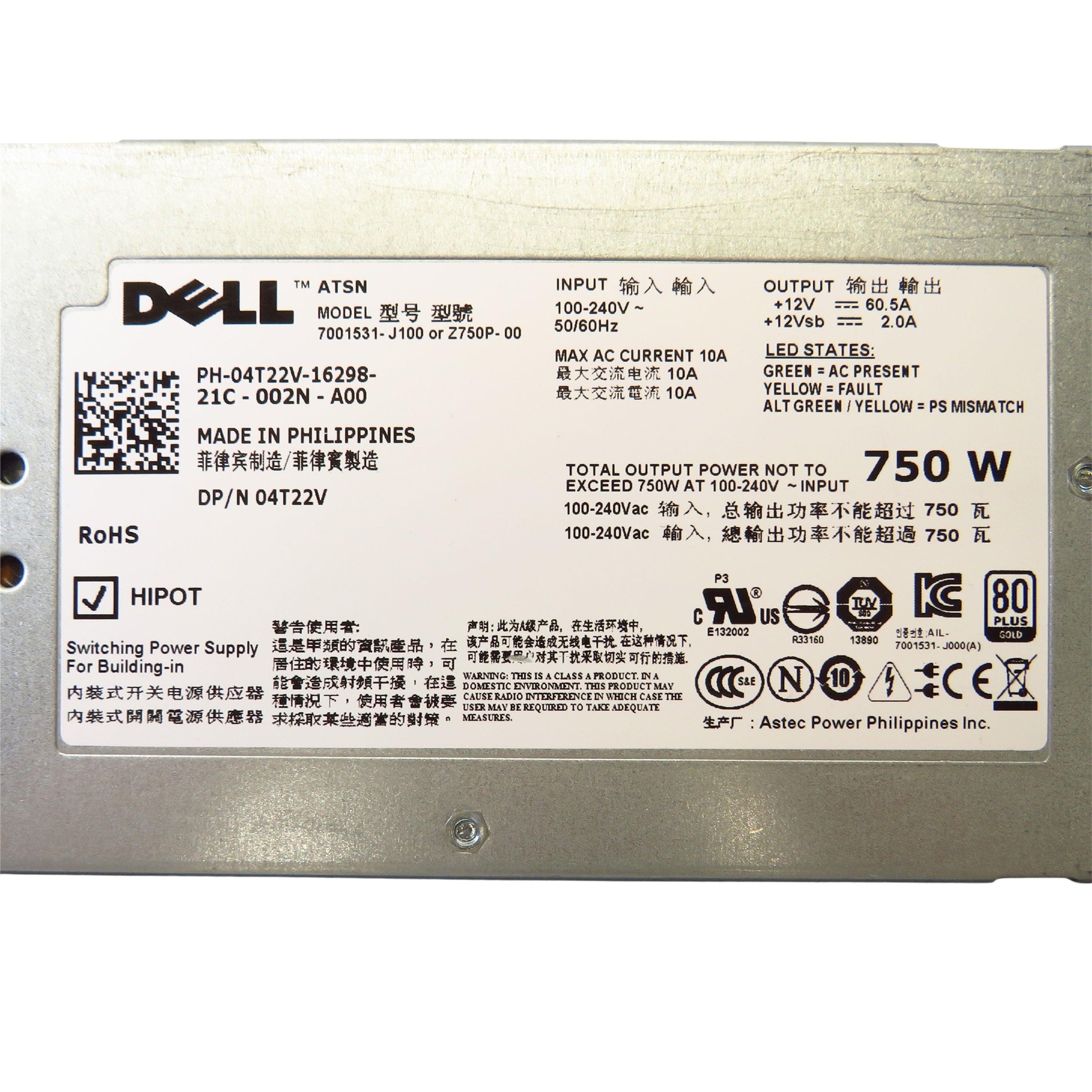Dell 4T22V 750W R510 PowerEdge Hot Swap Server Power Supply (Refurbished)