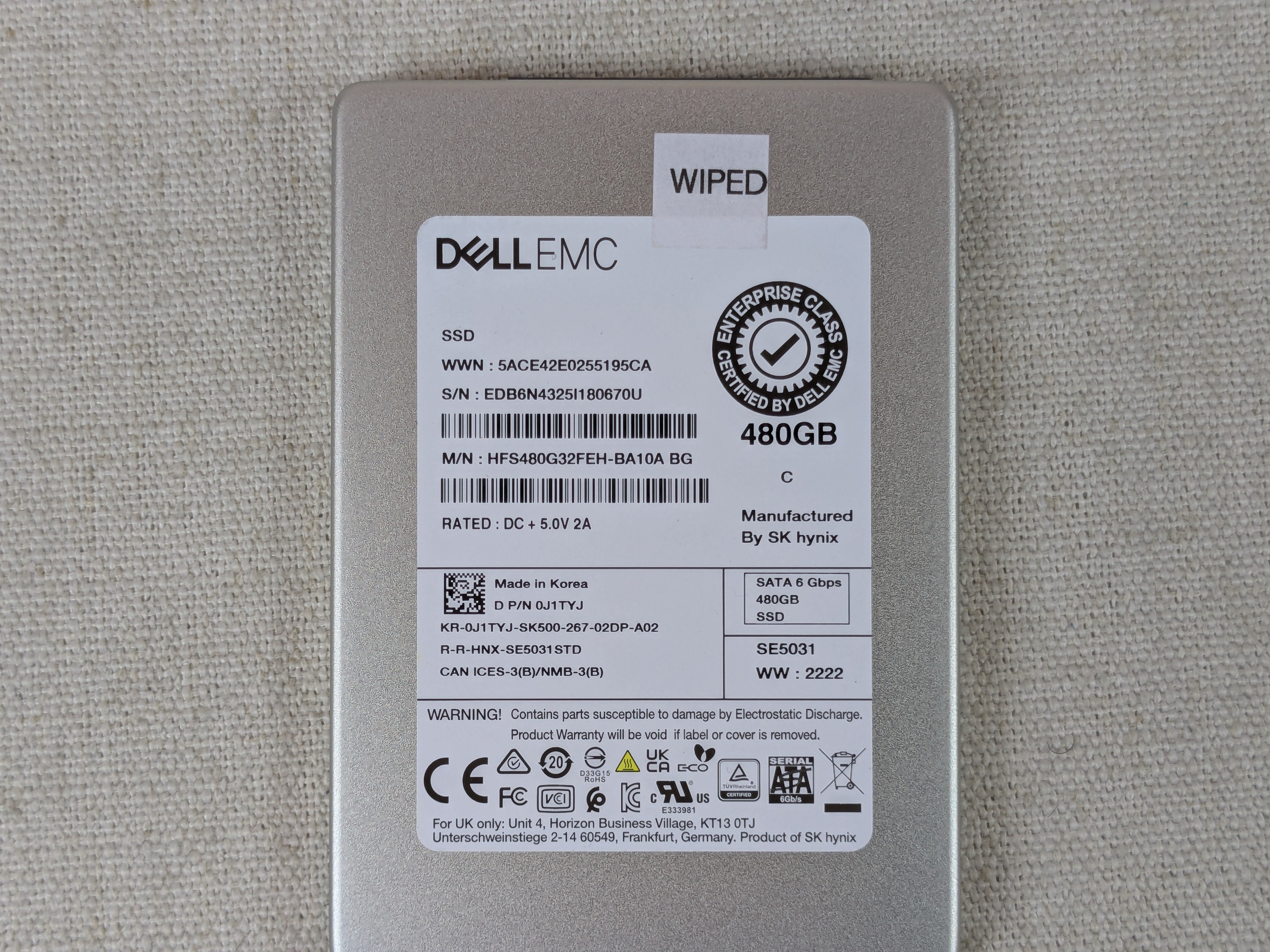 Dell J1TYJ 480GB 6Gb/s 2.5" Mix Use SATA SSD HFS480G32FEH No Tray