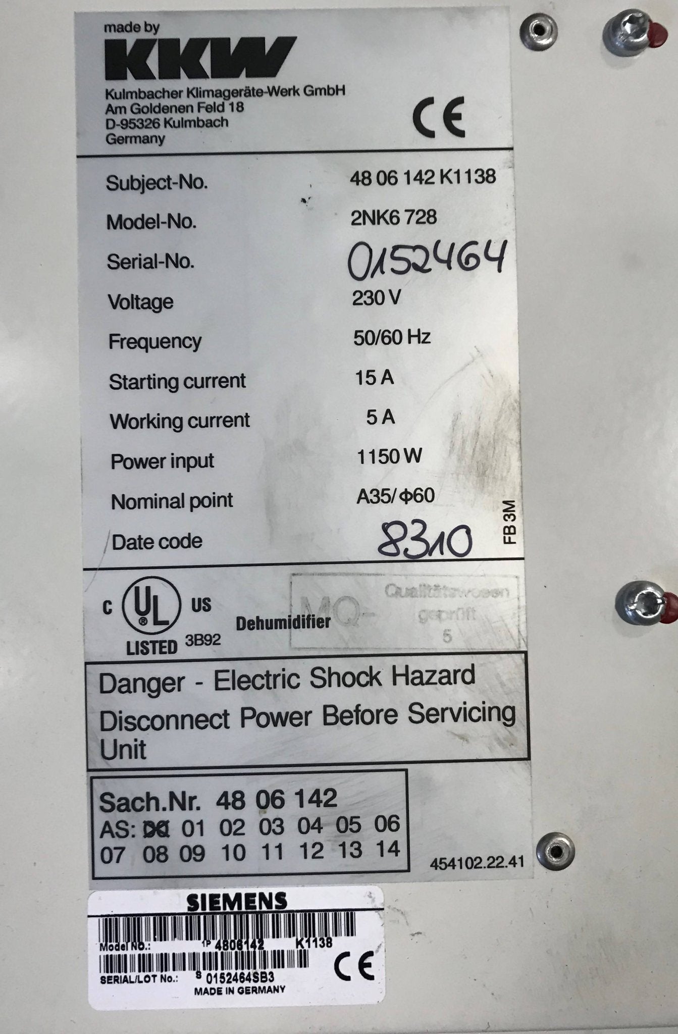 Dehumidifier (4806142 Siemens CT
