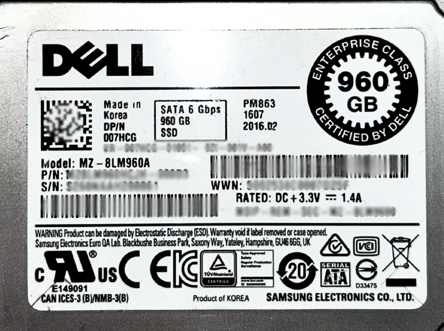 Dell 07HCG - 960GB Samsung MZ-8LM960A SSD Label View | Alo Tech Solutions