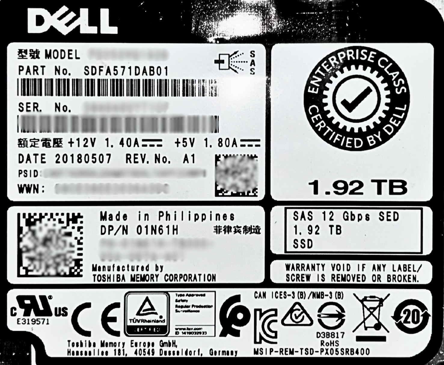Dell 1N61H 1.92TB SSD SAS 2.5 12G MU SED PX05SVQ192B/SDFA571DAB01 ME4x