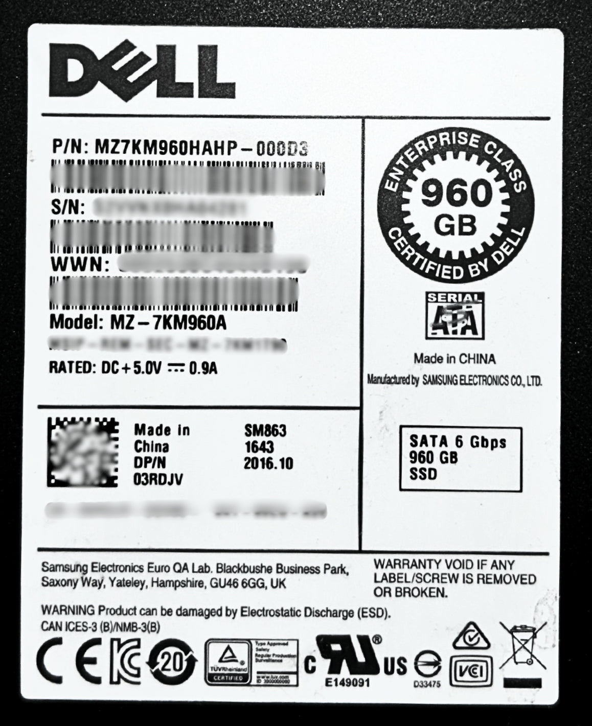 Dell 3RDJV 960GB SSD SATA 2.5 6G MU MLC MZ7KM960HAHP-000D3 / MZ-7KM960