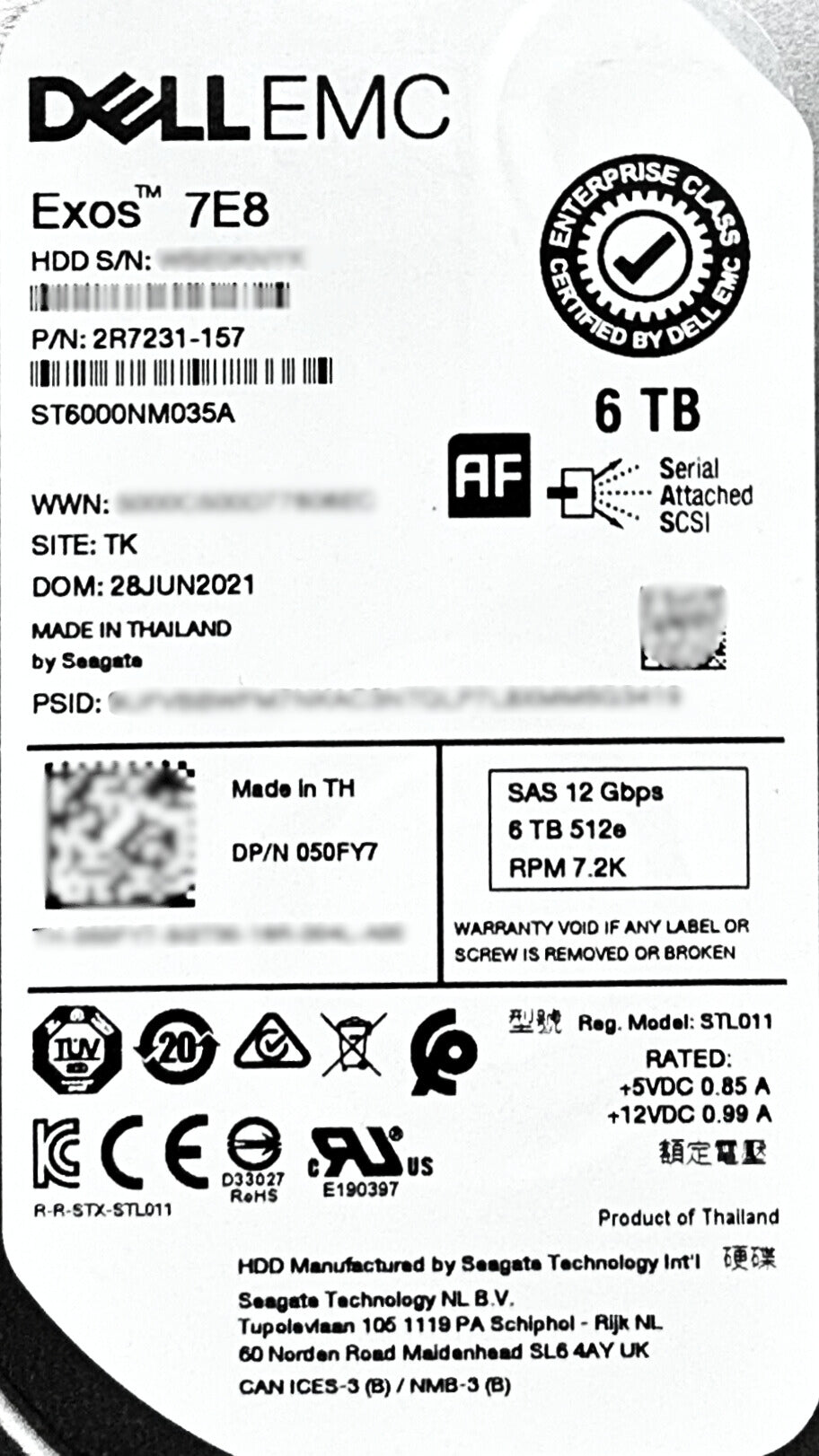 Dell 50FY7-CML 6TB 7.2K SAS 3.5 12G ST6000NM035A / 2R7231-157 EP+
