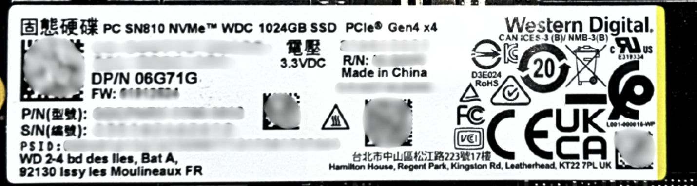 Dell 6G71G 1TB SSD M.2 NVMe 80 G4x4 SN810 SDCPNRY-1T00-1012 (1) laptop