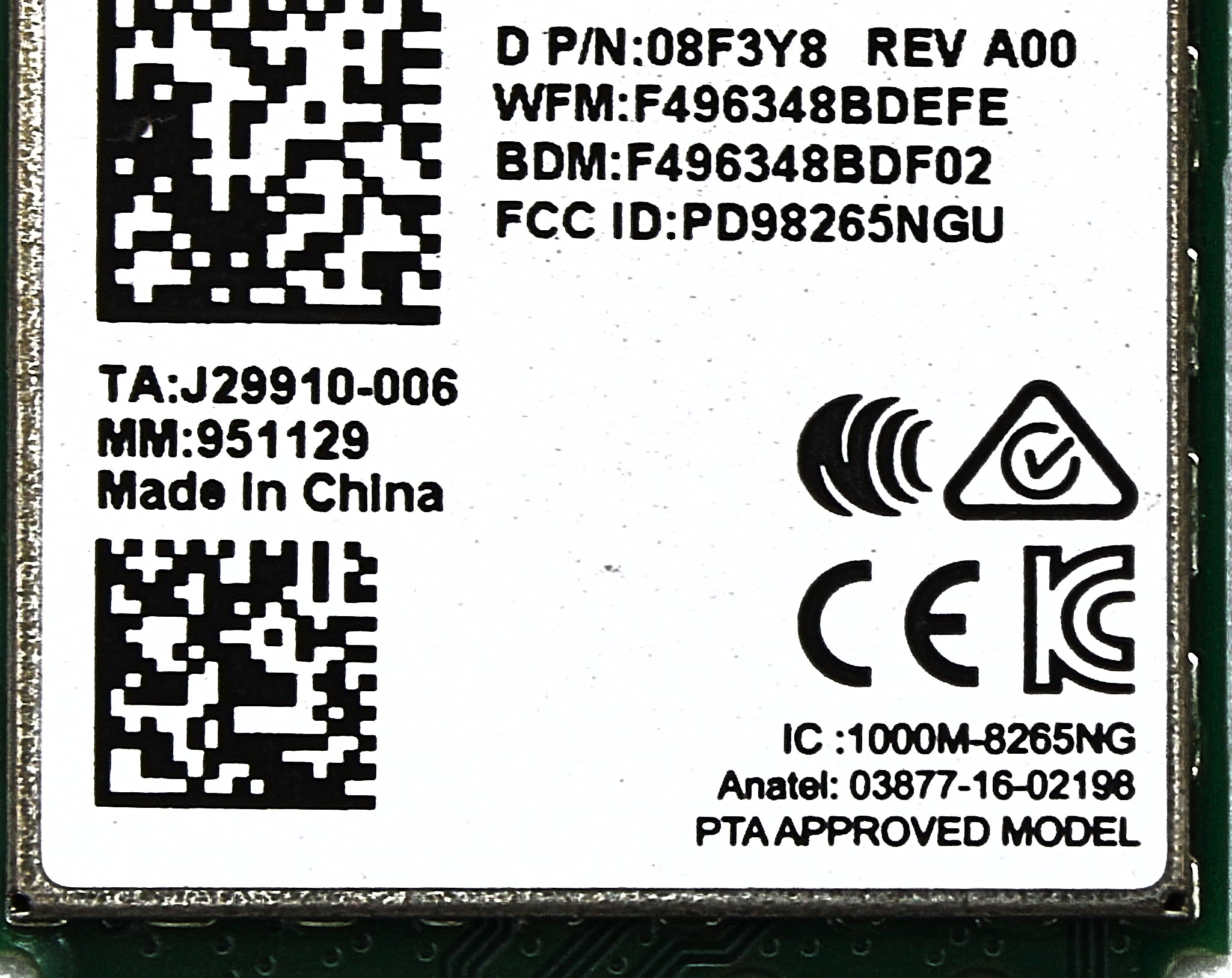 Dell 8F3Y8 WI-FI LAN CARD M.2,8265AC
