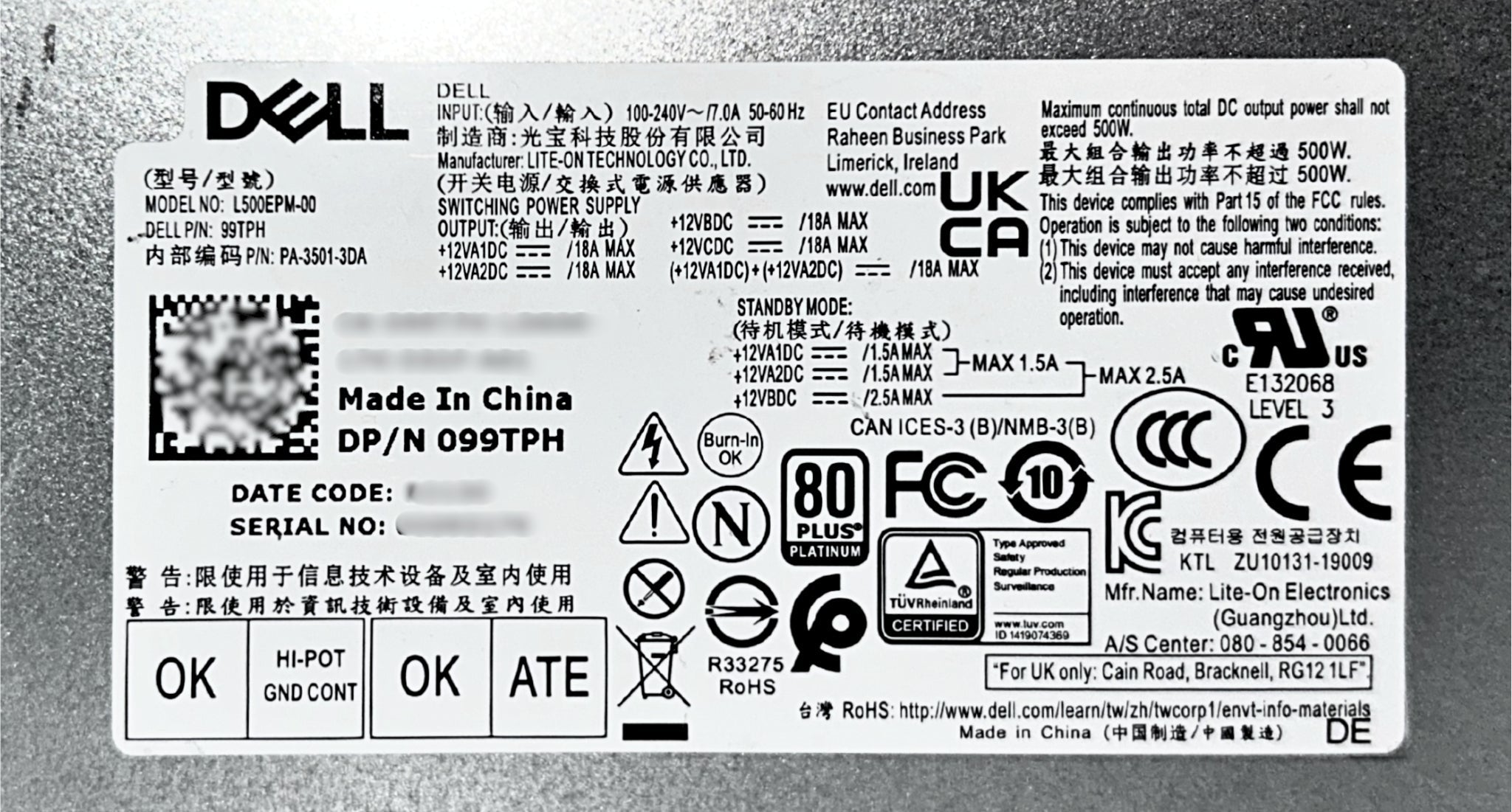 Dell 99TPH 500W Power Supply XPS 8940 L500EPM-00