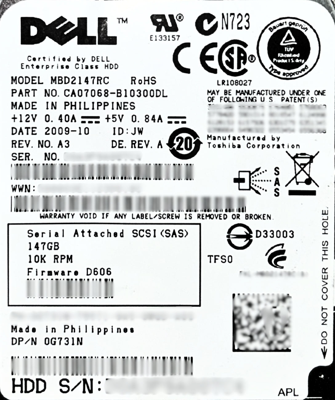 Dell G731N 146GB 10K SAS 2.5 6G MBD2147RC / CA07068-B10300DL