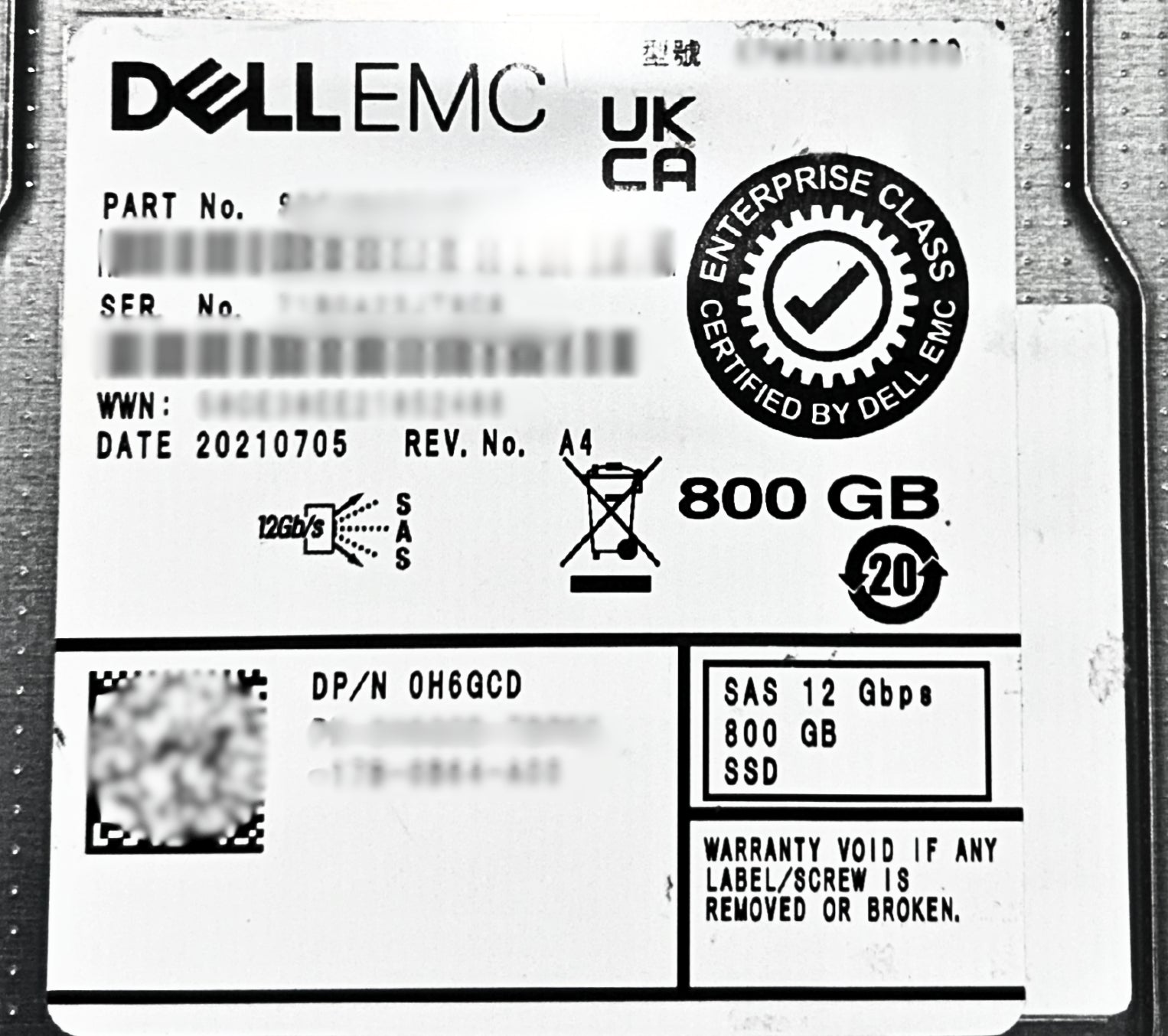 Dell H6GCD 800GB SSD SAS 2.5 12G HDD KPM6XMUG800G / SDFUN85DAB02T