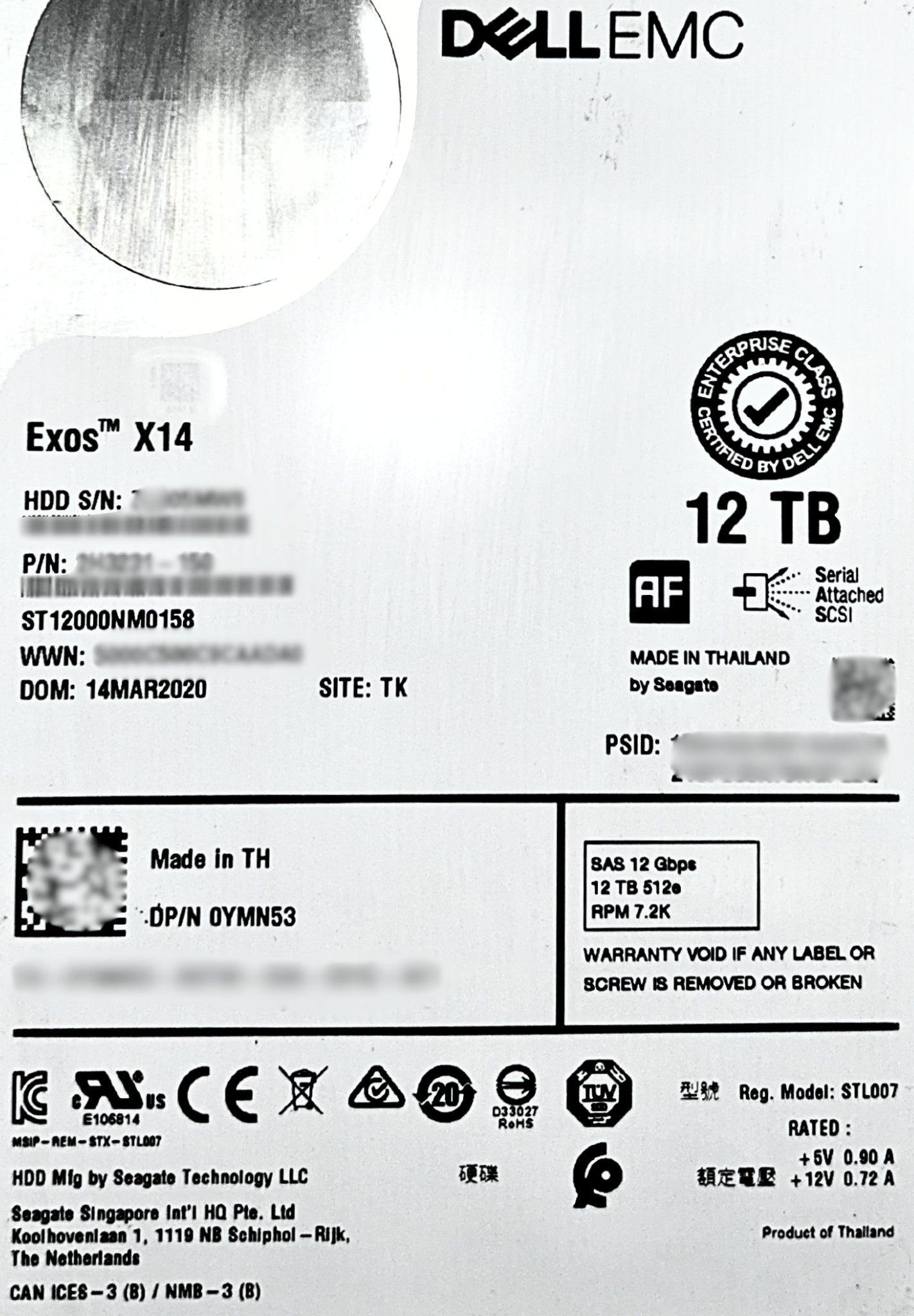 Dell YMN53 12TB 7.2K SAS 3.5 12G ST12000NM0158 / 2H3231-150 ME4xxx