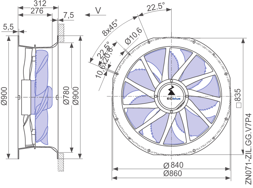 ZN071-ZIL.GG.V7P4 ZIEHL-ABEGG Axial Fan 380/480V 1.85kW 3.0/2.4A 1150rpm