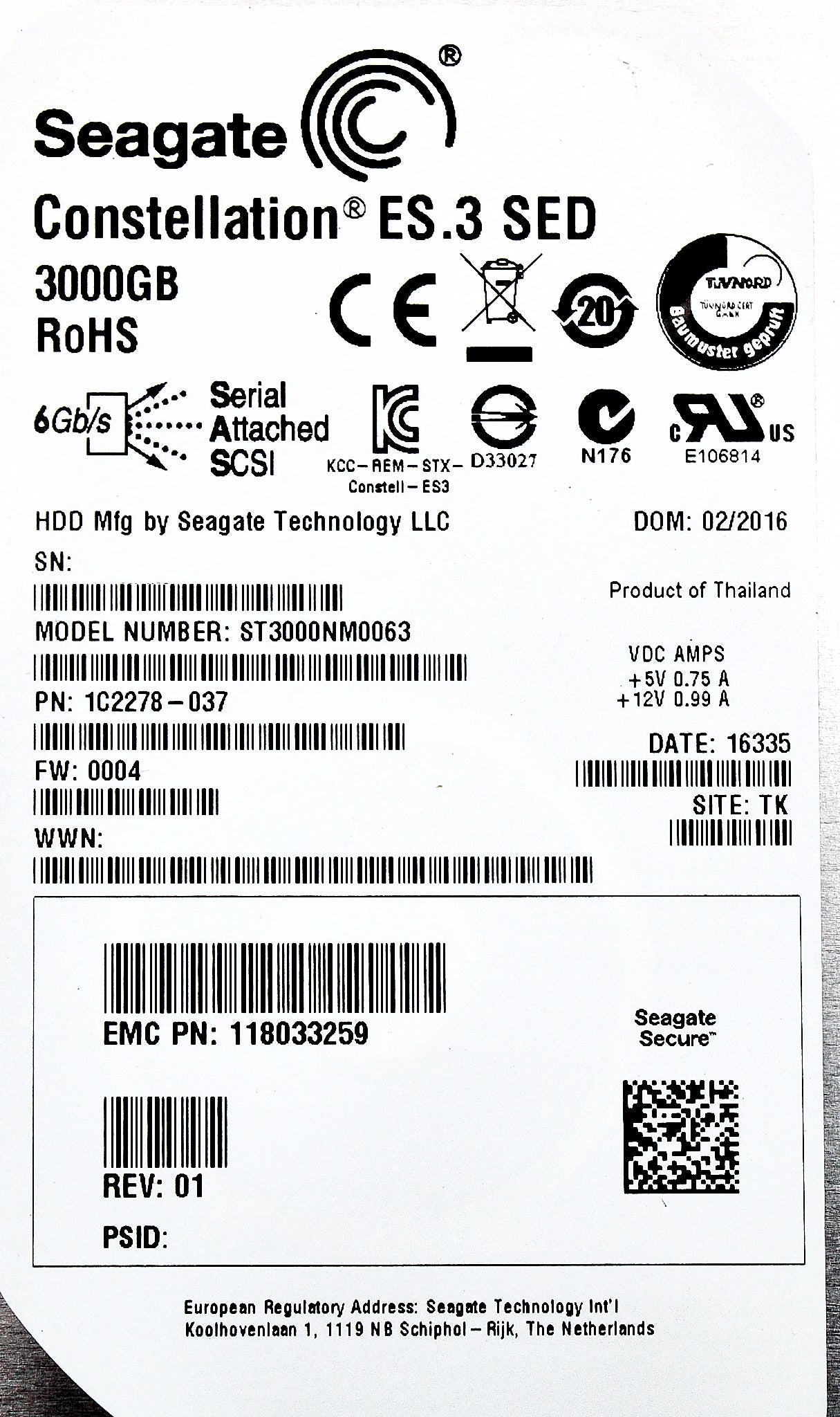 EMC 1C2278-037-ISILON 3TB 7.2K SAS 3.5 6G SED ISILON