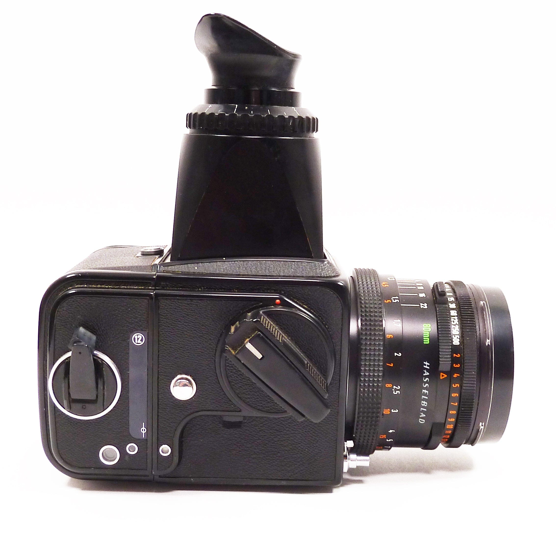 Hasselblad 500C/M Black with Planar 80mm f2.8 CF Lens-A12 Back and Chimney Finder