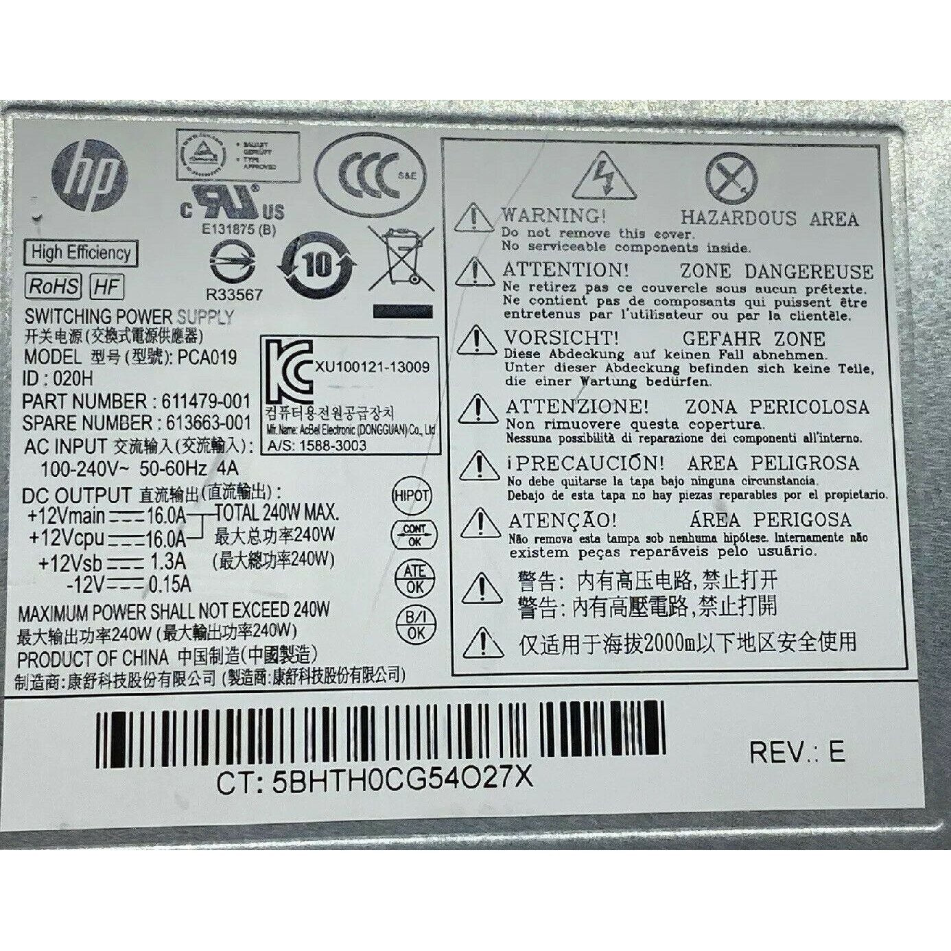HP Fuente HP Pro Z200 Z220 4000 4300 SFF 240W Power Supply 613663-001 611479-001 PCA019