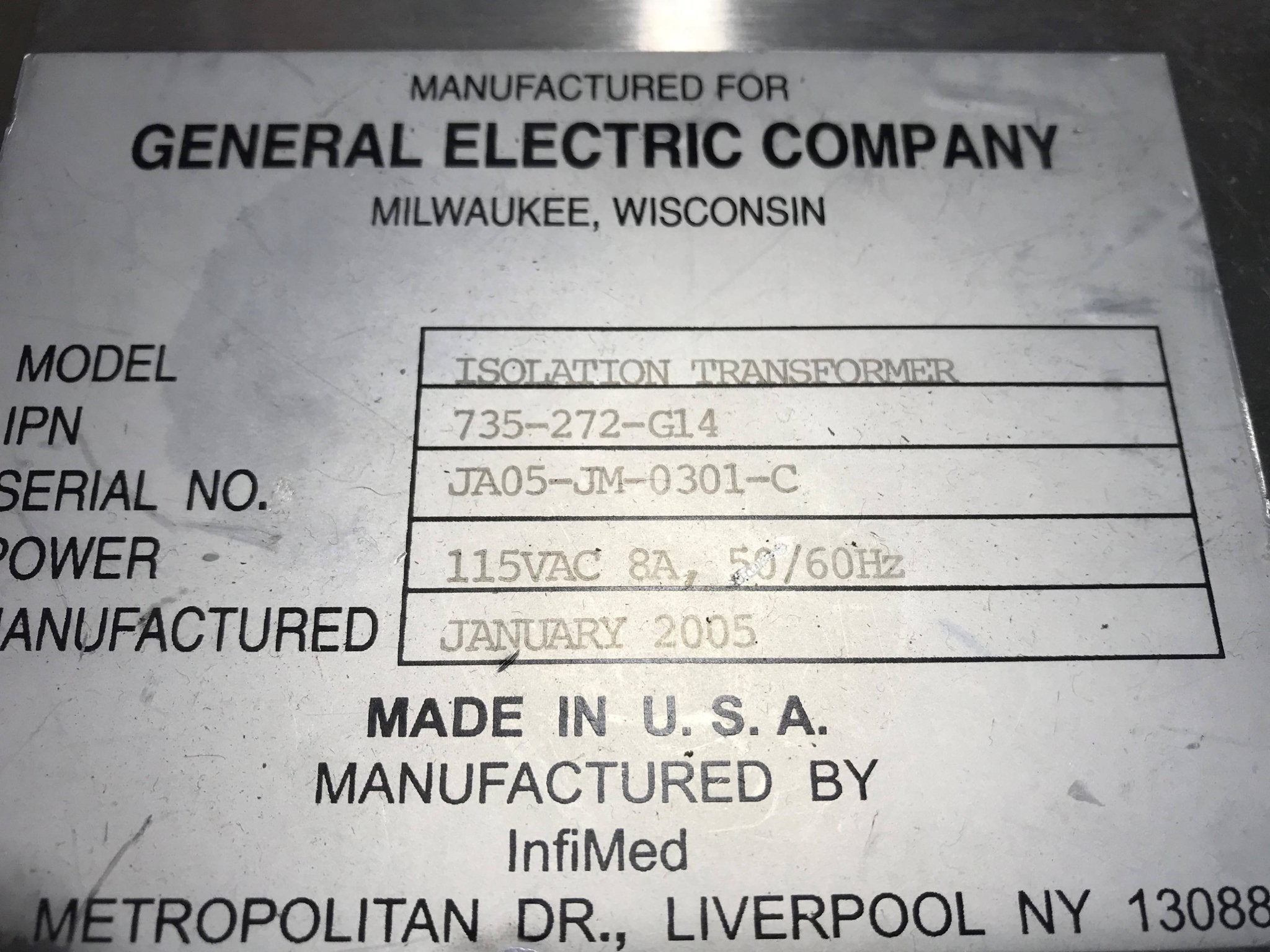 Infimed Isolation Transformer (735-272-G14 GE