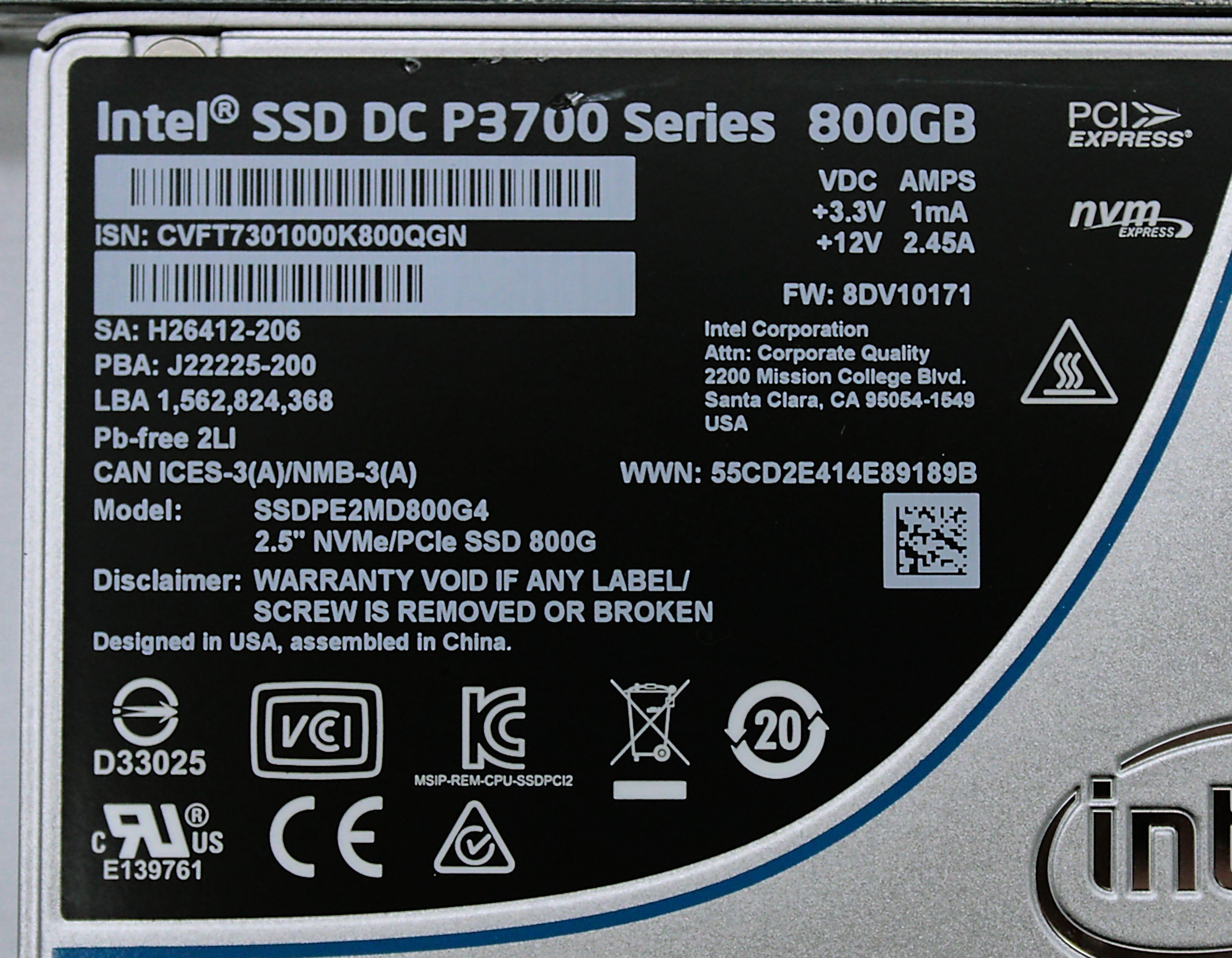 Intel SSDPE2MD800G4 800G SSD NVME PCIE 2.5