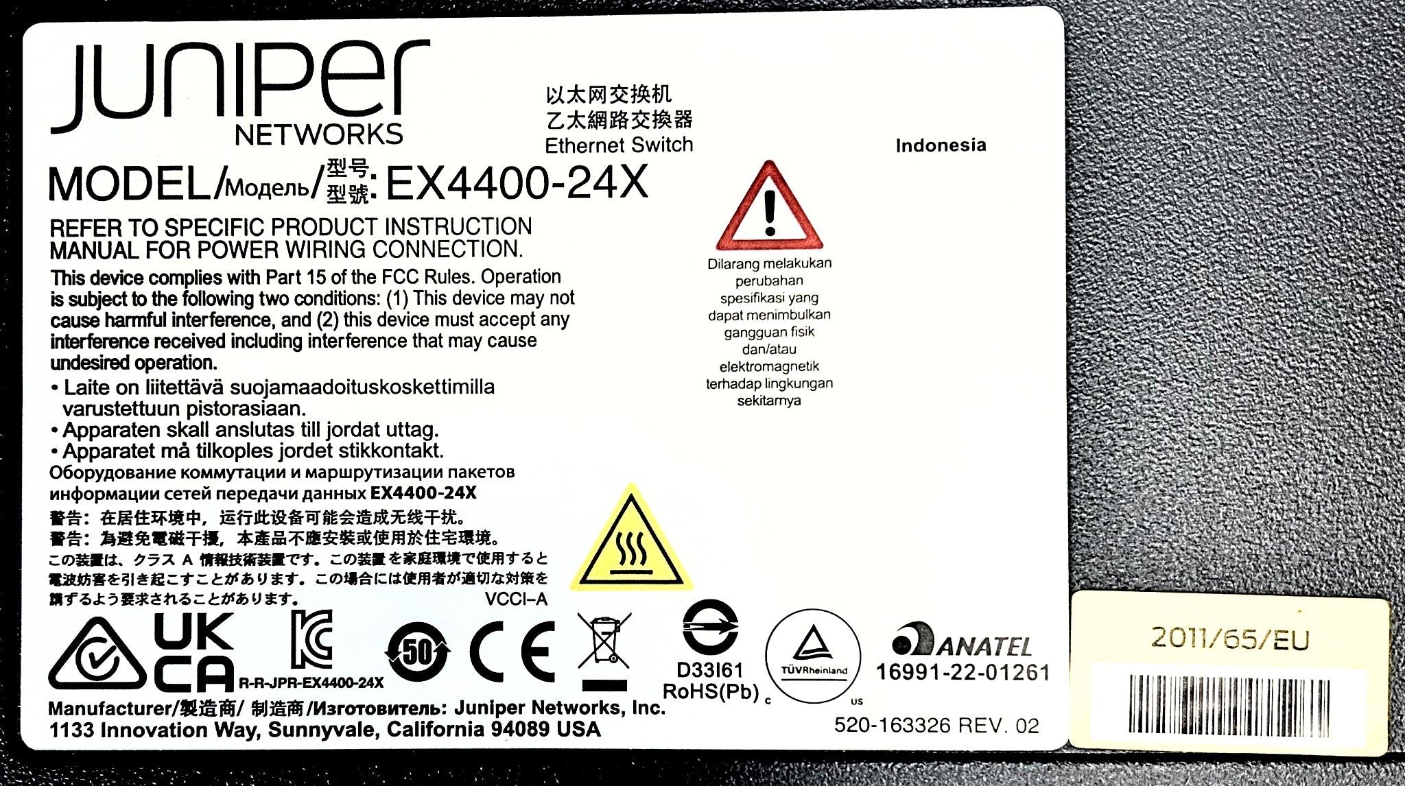 Juniper Networks EX4400-24X 24-port 1/10GbE SFP+ + 550W AC PSU