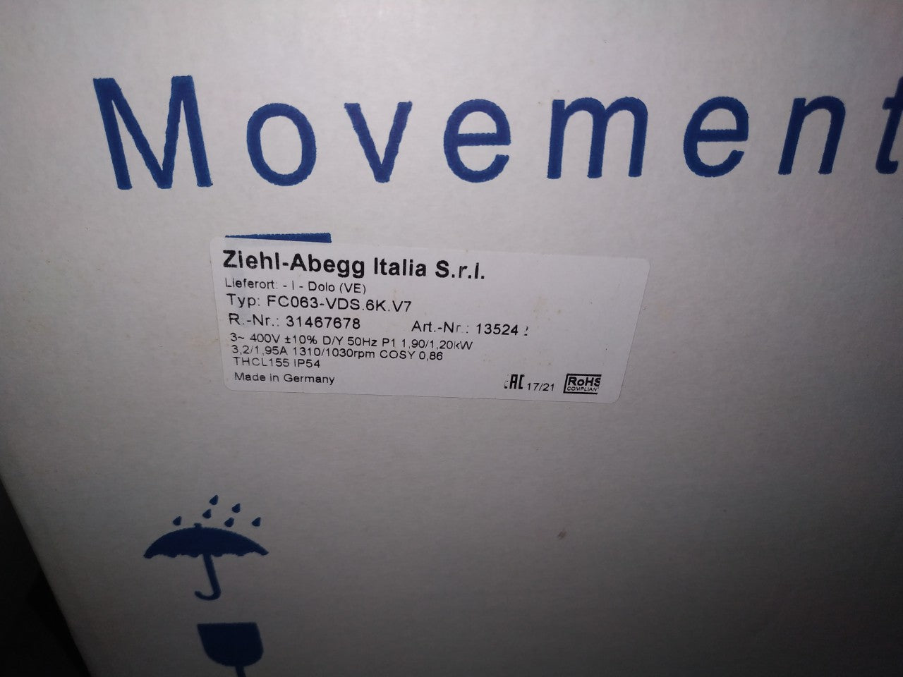 FC063-VDS.6K.V7 ZIEHL-ABEGG Axial Fan 3-400V 1.9/1.2KW 3.2/1.95A 1310/1030rpm