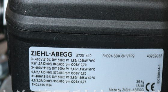 FN091-SDK.6N.V7P2 ZIEHL-ABEGG Axial Fan 400V 1.05/2.8kW 1.9/4.6A 630/950rpm industrial fan