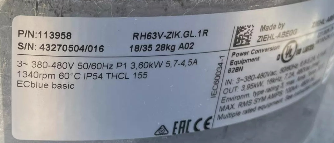 RH63V-ZIK.GL.1R ZIEHL-ABEGG centrifugal fan 3~380/480V 3.6kW 5.7/4.5A 1340rpm