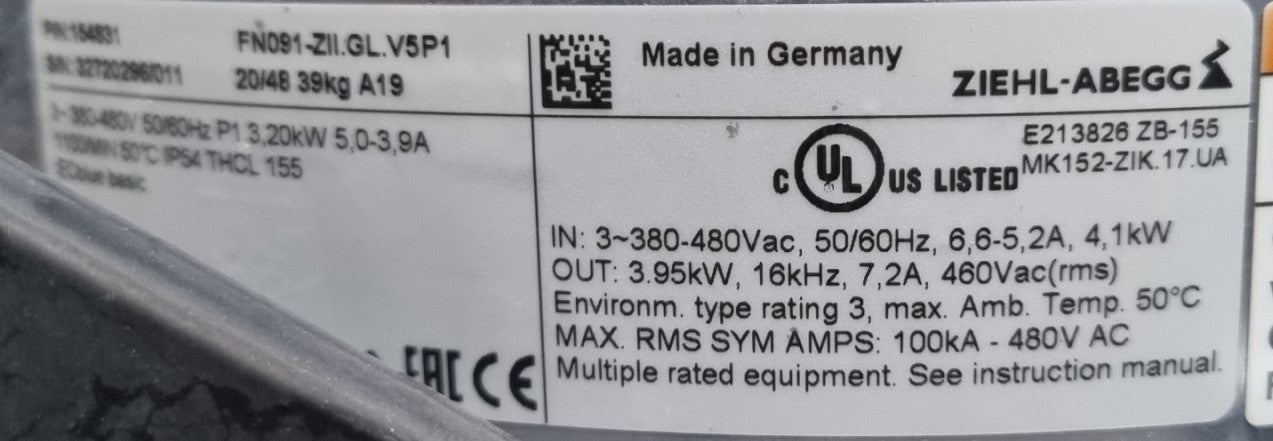 FN091-ZII.GL.V5P1 ZIEHL-ABEGG Axial Fan 3.5kW 5.6/4.4A 1130 rpm