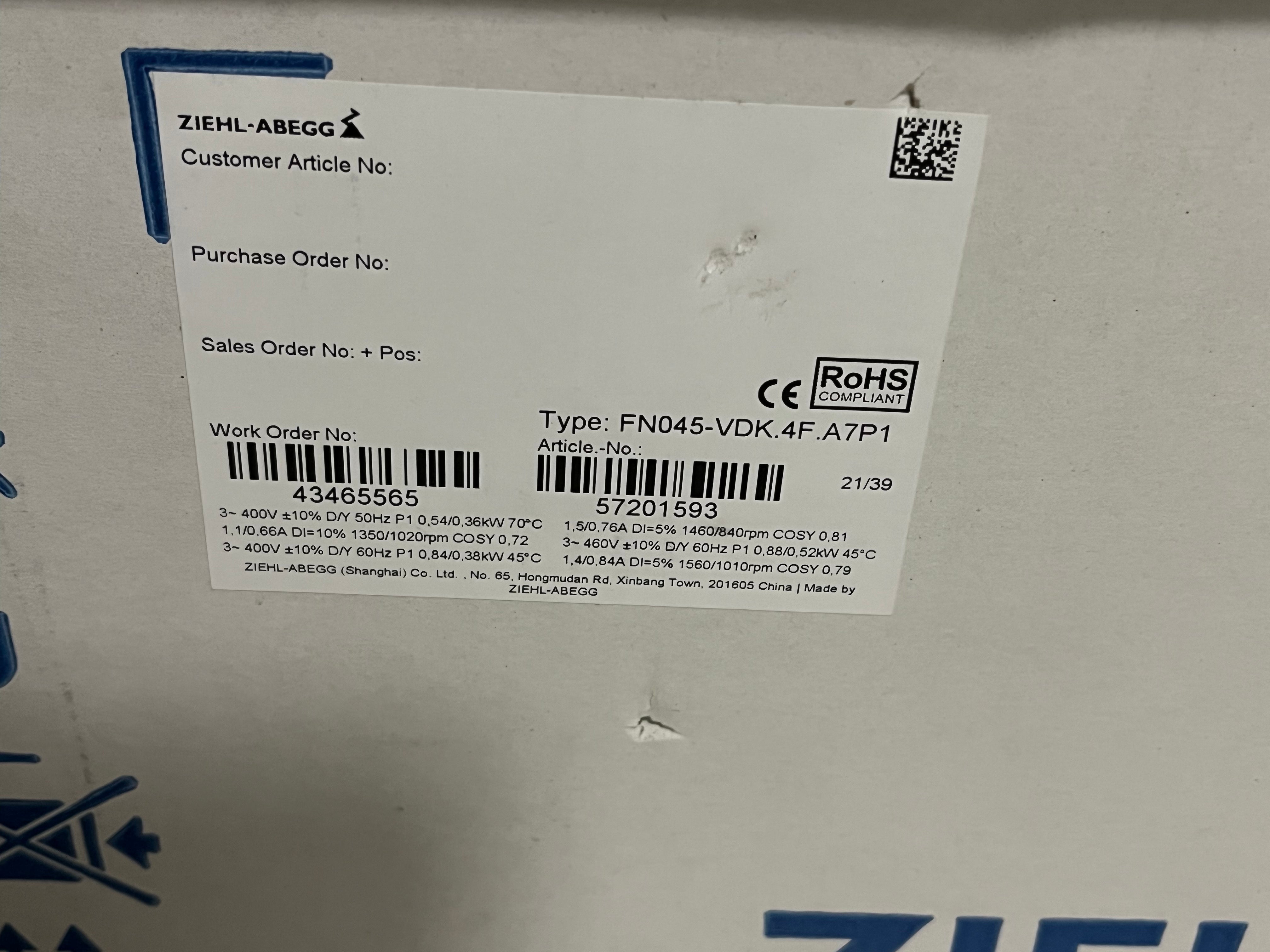 FN045-VDK.4F.A7P1  ZIEHL-ABEGG Axial Fan 400V 0.88/0.36W 1.5/0.66A 1560/1350rpm