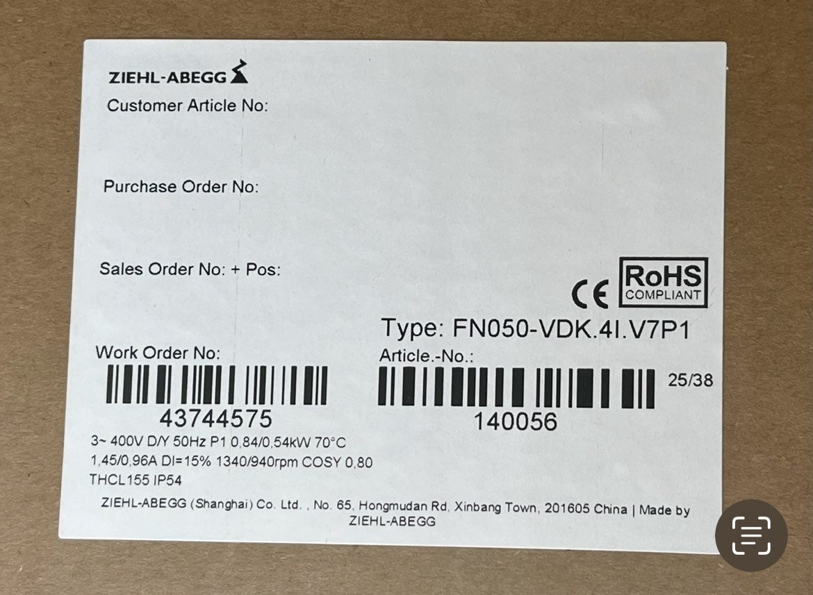 FN050-VDK.41.V7P1  ZIEHL-ABEGG Axial Fan 3~400V 0.49/1.2kW 0.84/2.0A 1025/1480rpm