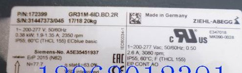 GR31M-6ID.BD.2R  ZIEHL-ABEGG centrifugal fan 200-277V 0.38KW 1.9/1.35A 1350rpm