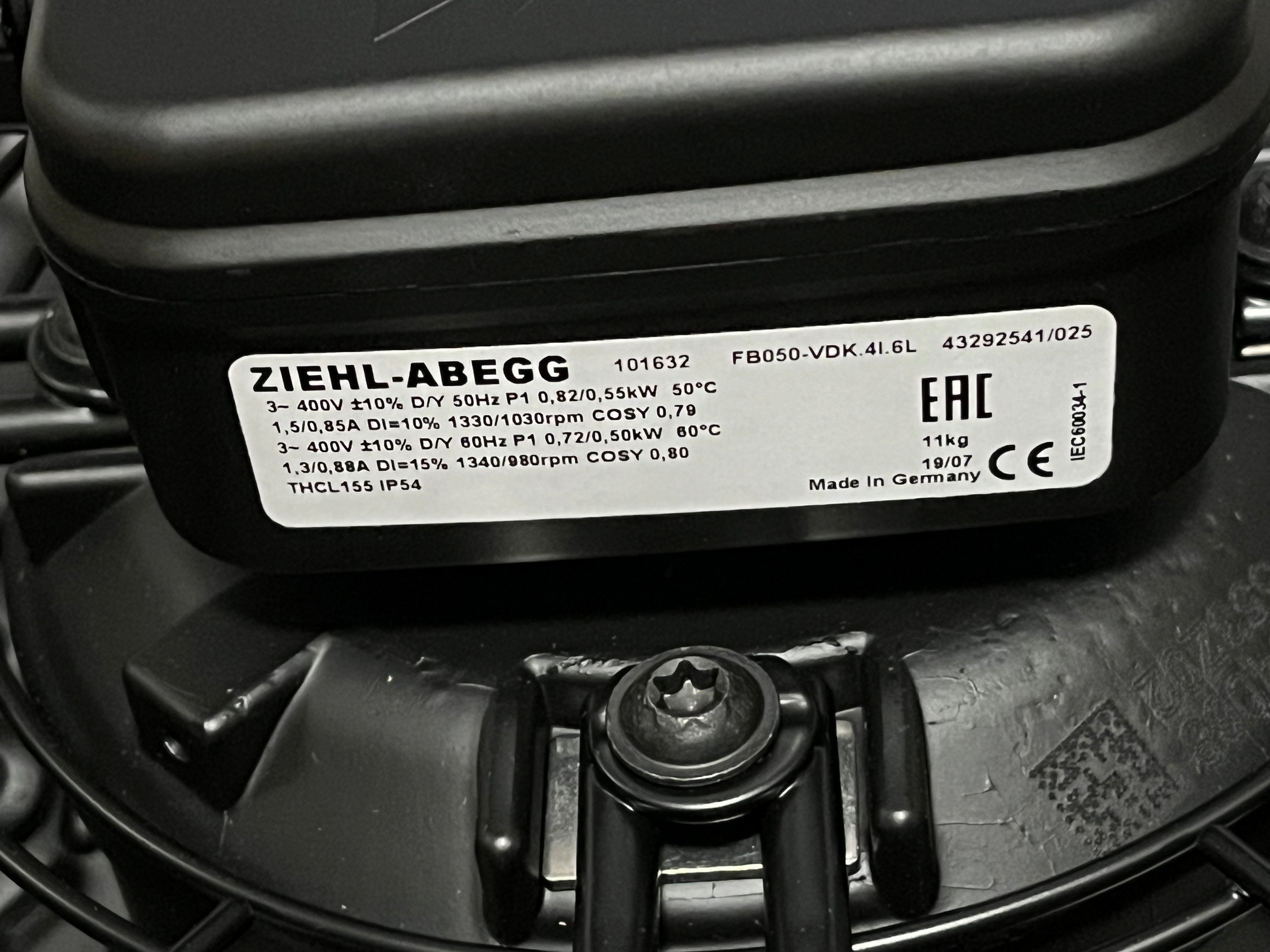 FB050-VDK.4I.6L ZIEHL-ABEGG Axial Fan 3~400V 0.85/1.5A 0.5/0.82kW 980/1340Rpm