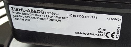 FN080-SDQ.6N.V7 ZIEHL-ABEGG Axial Fan 3~400V 2.1/1.15kW 4.2/2.2A 860/620rpm