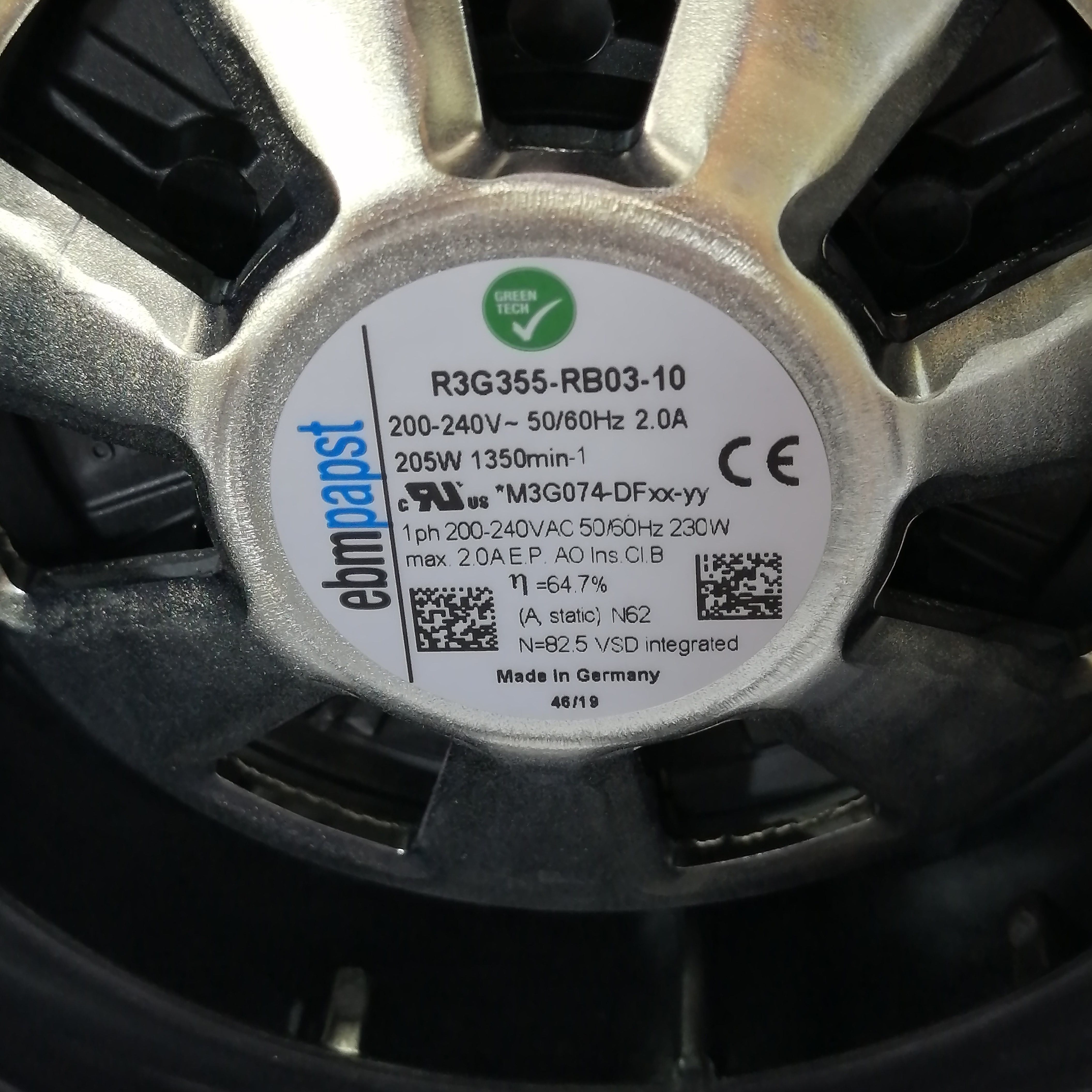 R3G355-RB03-10 Ebm-Papst Centrifugal Inverter Cooling Fan 230V 2.0A 205W 1350RPM