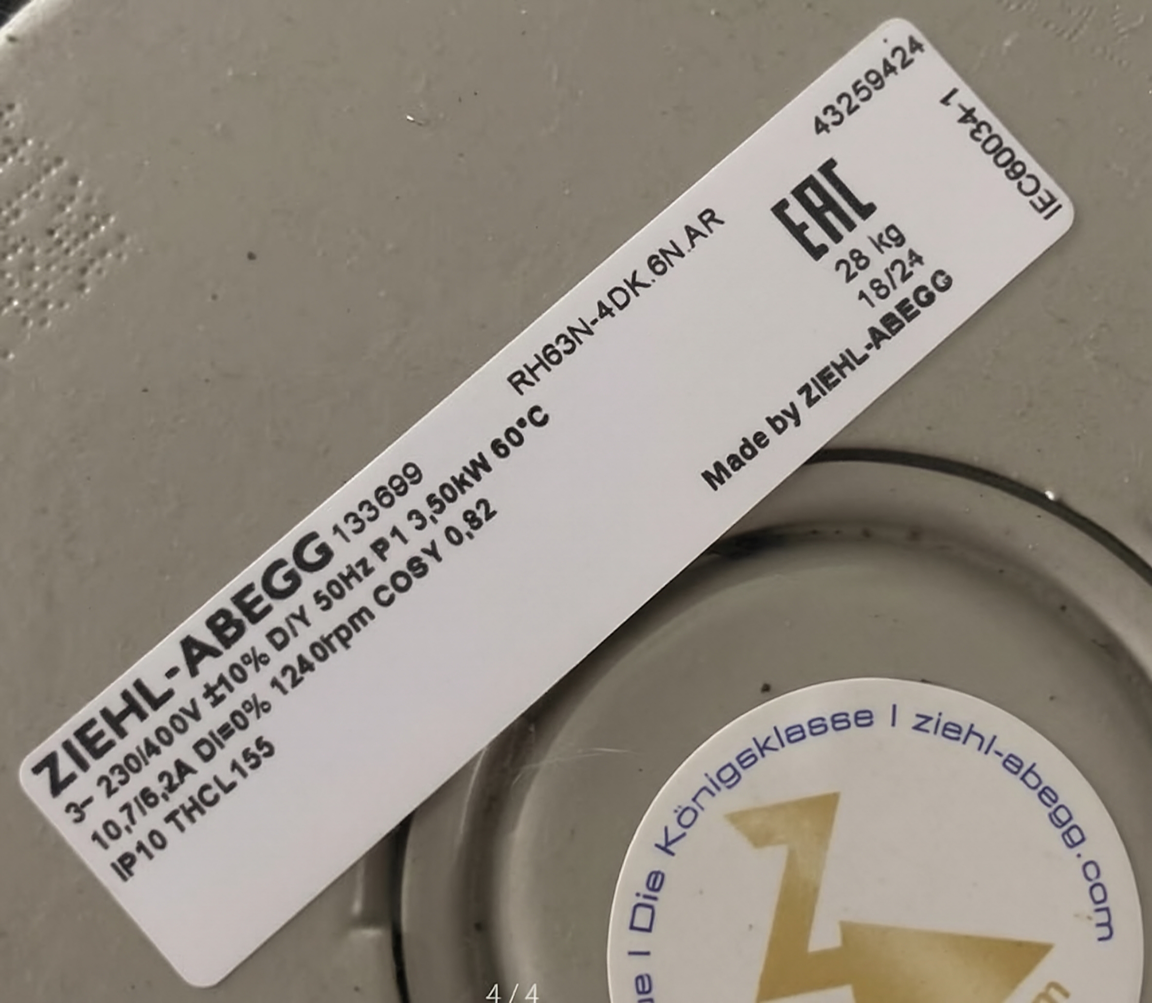 RH63N-4DK.6N.AR ZIEHL-ABEGG centrifugal fan 3-230/400V 3.5kW 10.7/6.2A 1240rpm