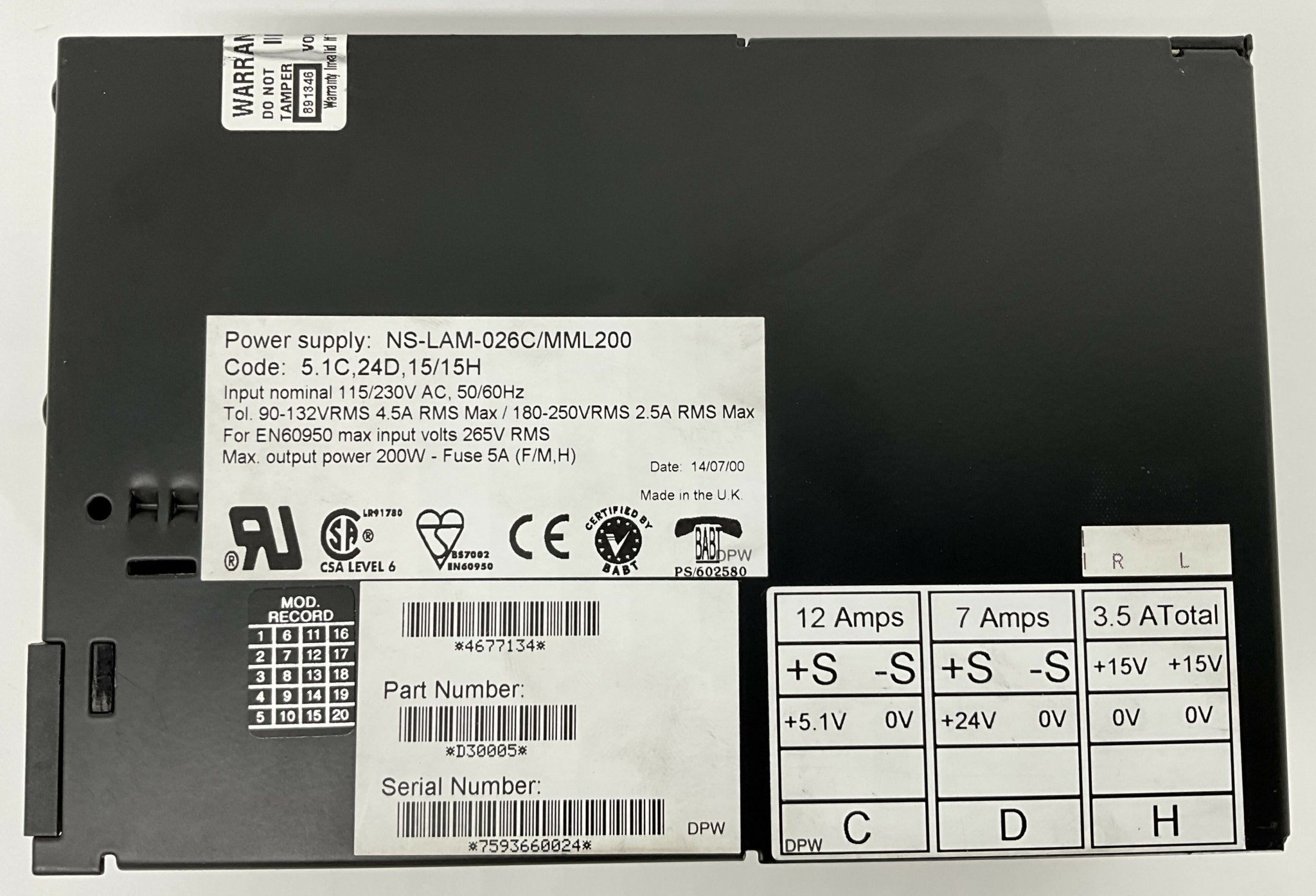 POWER SUPPLY (4677134/NS-LAM-026C/MML200/D30005) SIEMENS/OMEGA