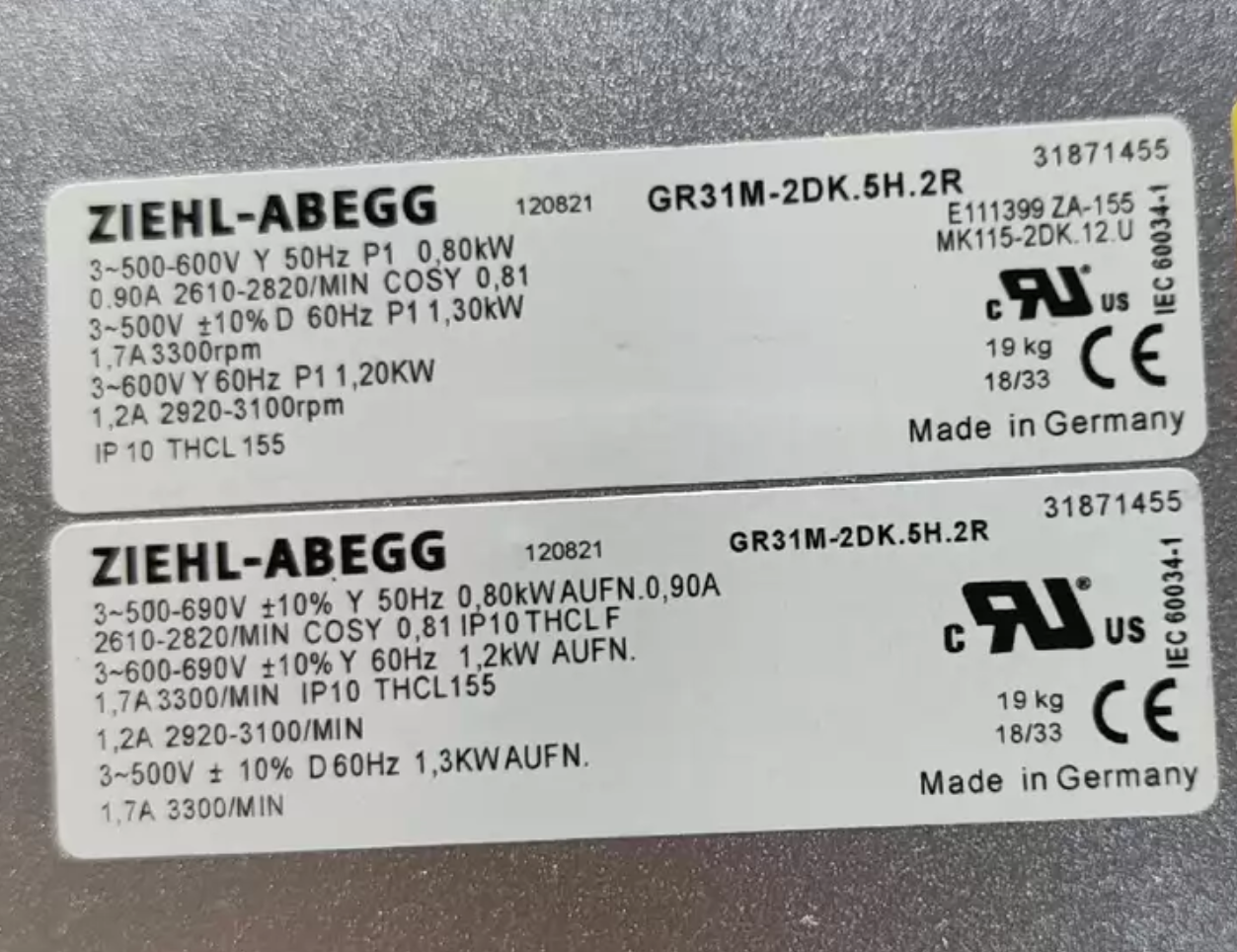 MK115-2DK.12.U ZIEHL-ABEGG centrifugal fan 3~500/600V 800/1300W 0.9/1.7A 2610/3300rpm