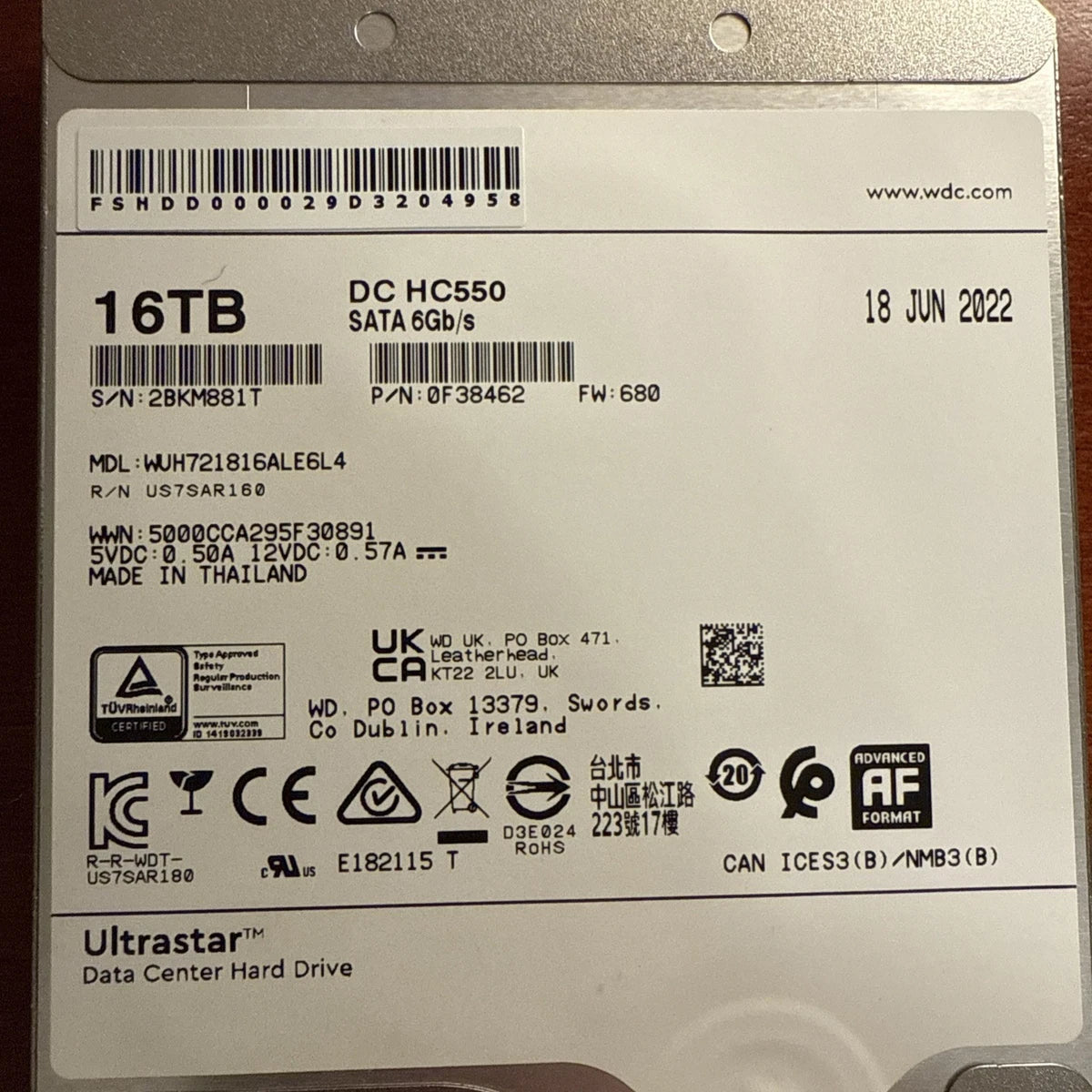 WD Ultrastar DC WUH721816ALE6L4 HC550 16TB SATA 3.5" 512e Enterprise Hard Drive
