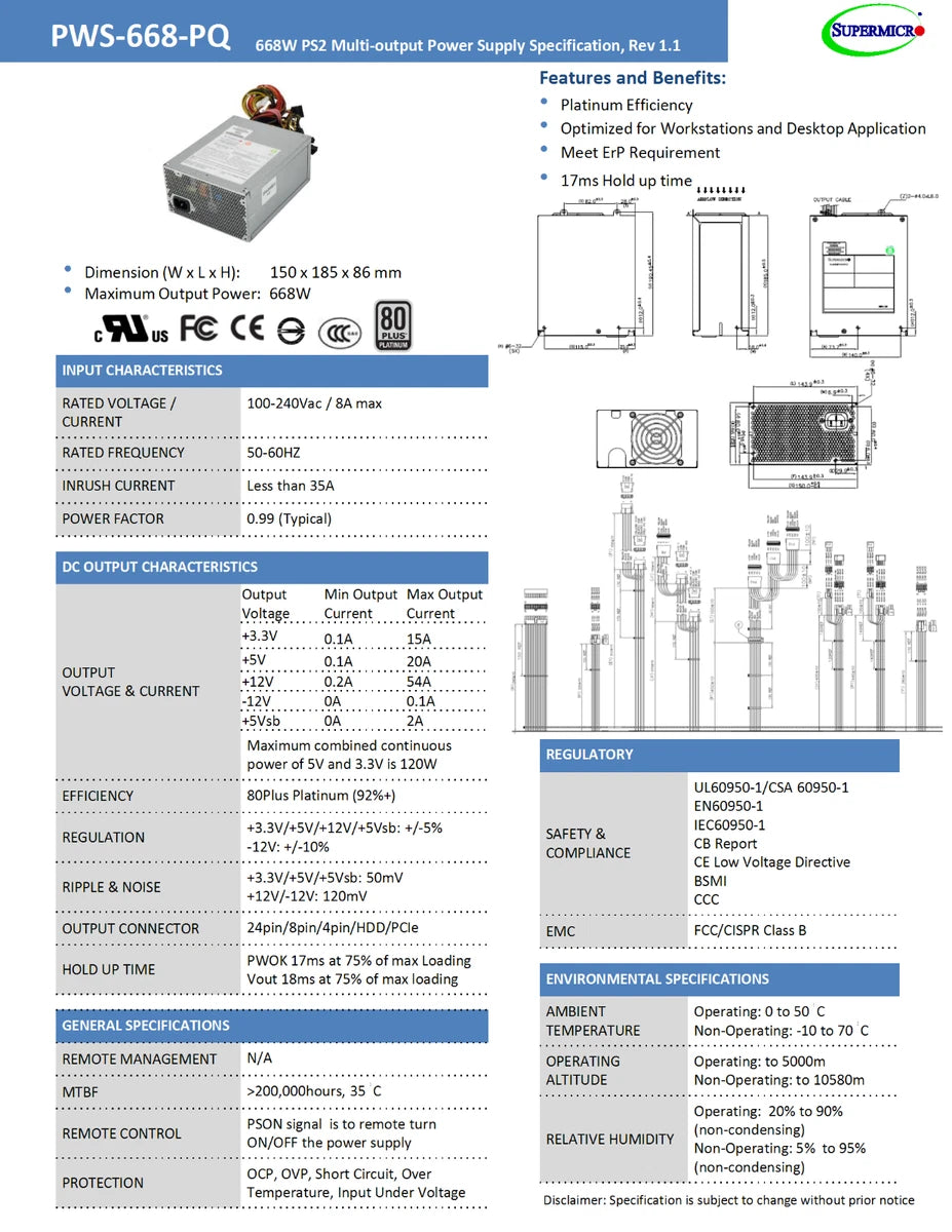 Supermicro (PWS-668-PQ 668W, 80 Plus Platinum Power Supply, ATX, PS2