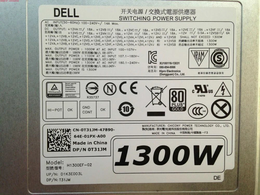 H1300EF-02 1300w server PSU For DELL T7910 T5810 T7810 0FT7T6 T31JM 0V5K16 DHL