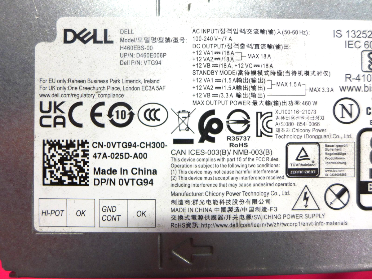 Genuine Dell XPS 8960 460W 80 Plus Bronze Power Supply H460EBS-00 VTG94