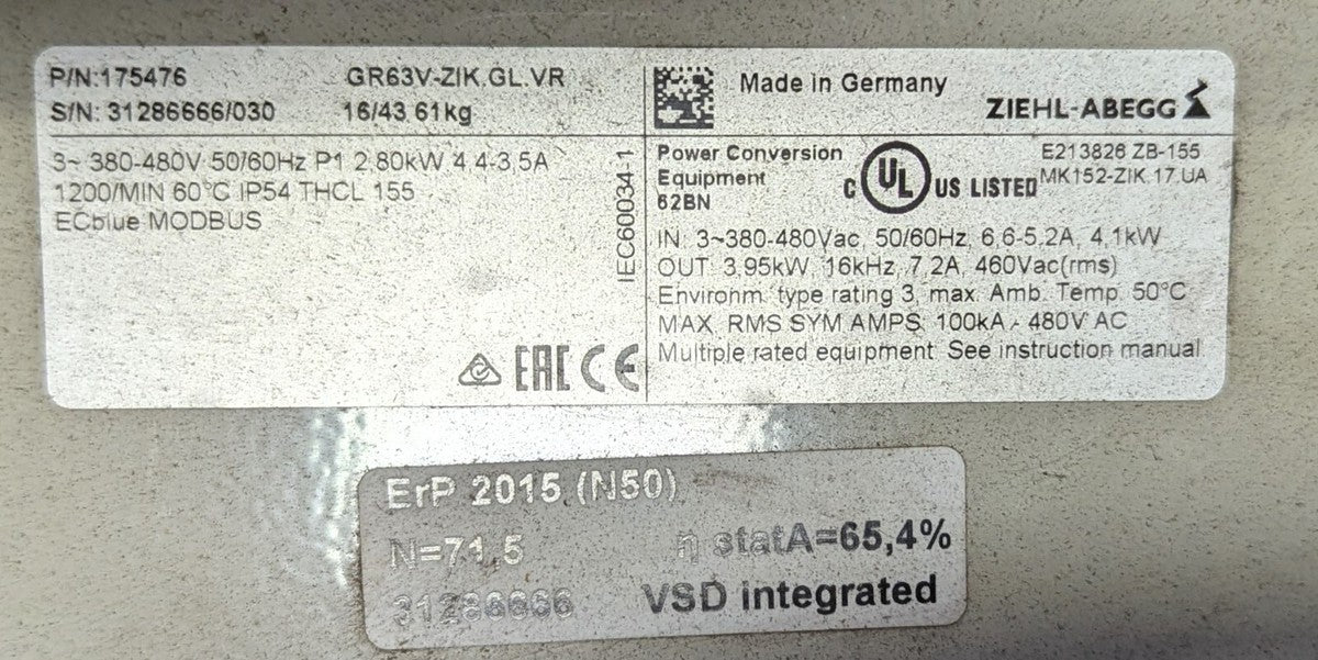 Ziehl - Abegg EC Blue Centrifugal Fan 175476 GR63V-ZIK.GL.VR 380-480v 3 ph.
