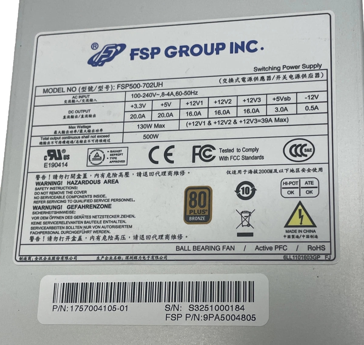 FSP FSP500-702UH 500W 2U Switching Power Supply 100-240V 0.8-4A