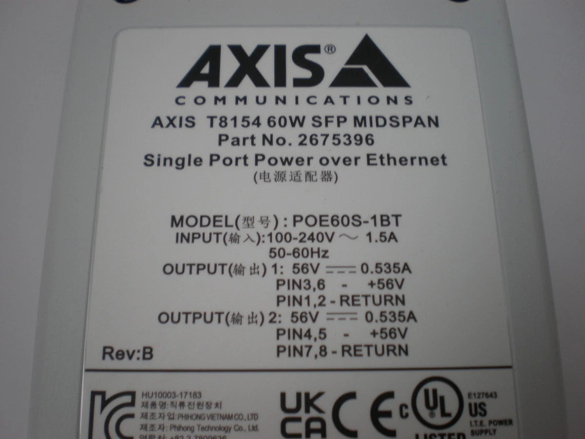 AXIS COMMUNICATION, T8154 60W SFP MIDSPAN, POE60S-1BT, 2675396, 56V
