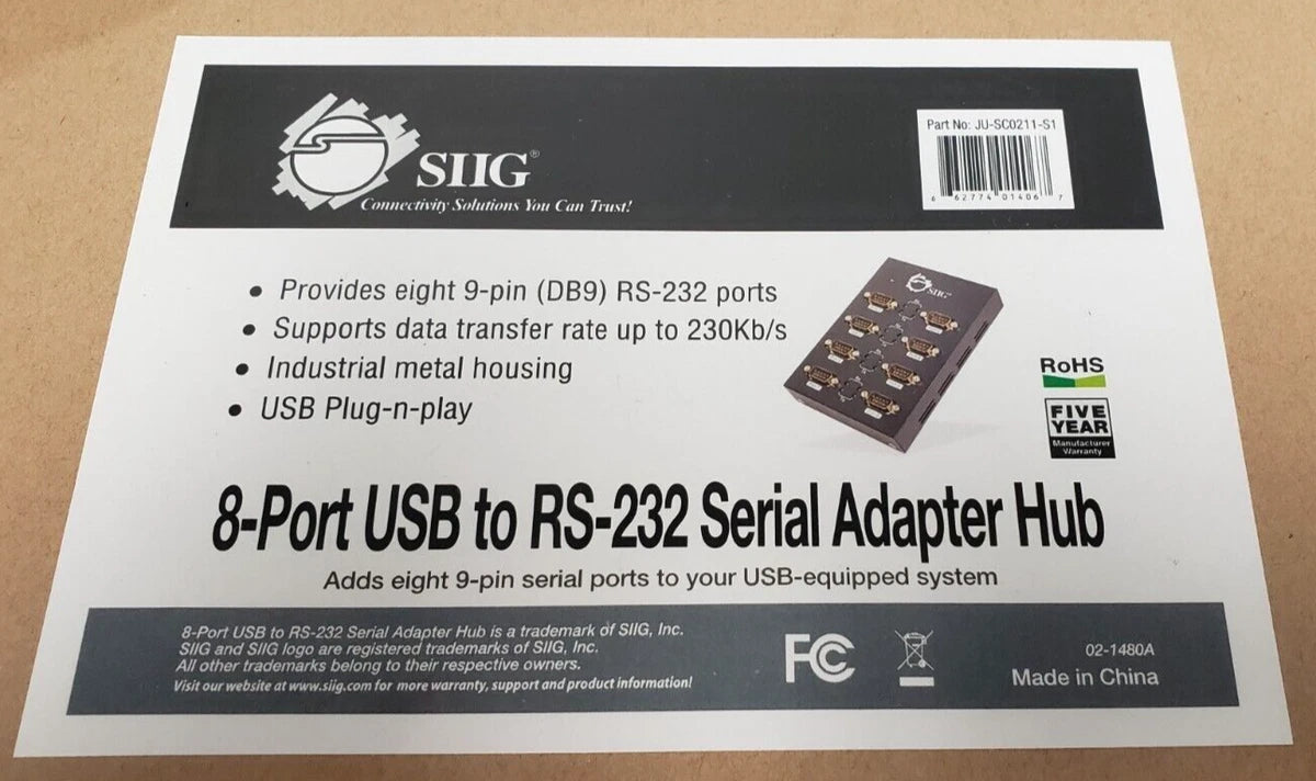 Sealed SIIG 8-Port USB to RS-232 Serial Adapter Hub JU-SC0211-S1