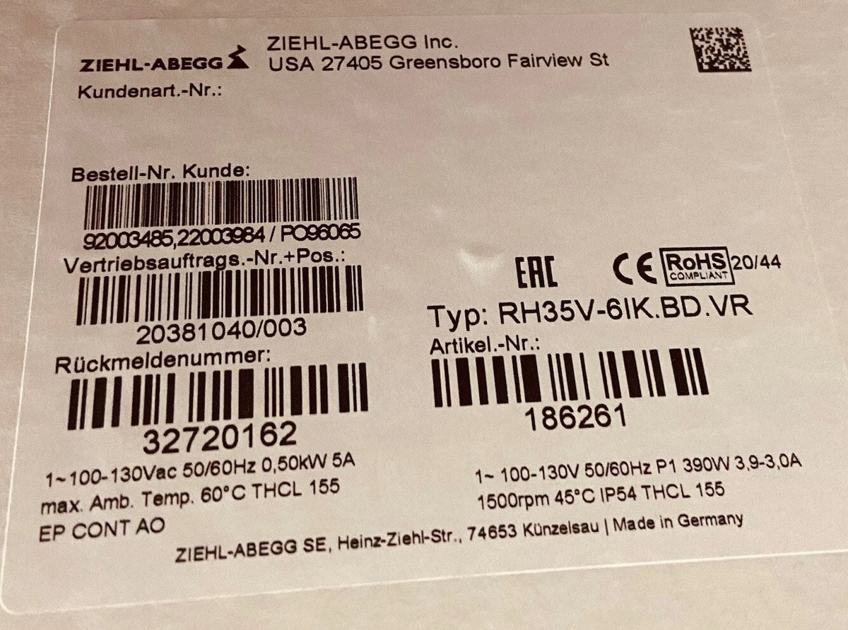 Ziehl-Abegg RH35V-6IK.BD.VR 110 V AC Centrifugal Fan 2500 CFM, Germany