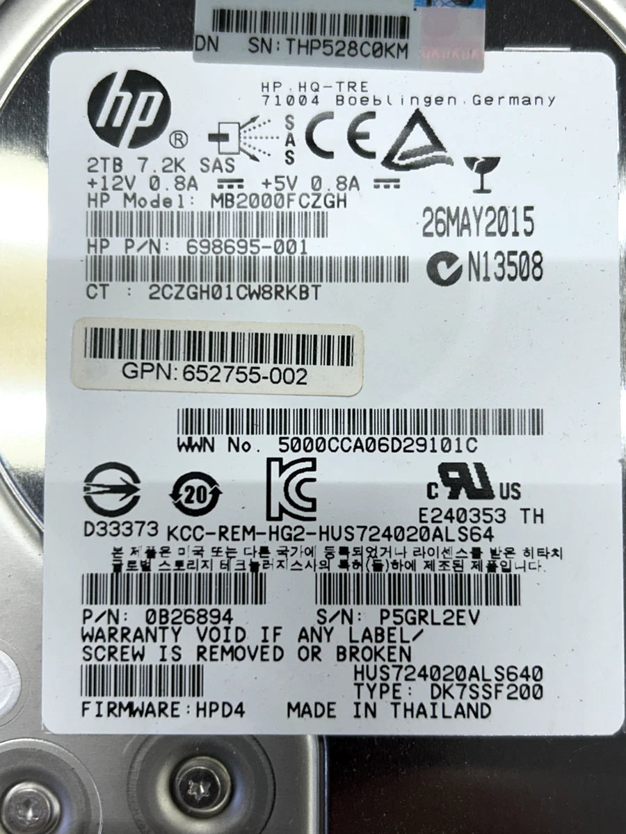 HP MB2000FCZGH 698695-001 2TB HUS724020ALS640 7200U/min 64MB SAS 3.5" w/ Caddy