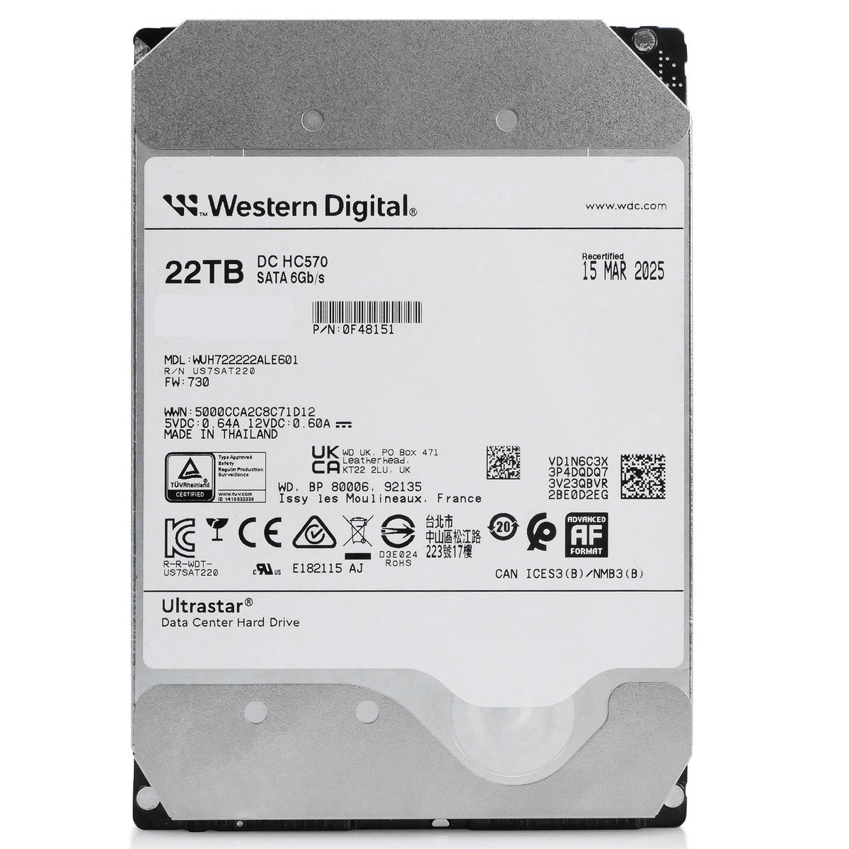 WD Ultrastar HC570 22TB WUH722222ALE601 0F48151 7.2K RPM SATA 6Gb/s 3.5" HDD