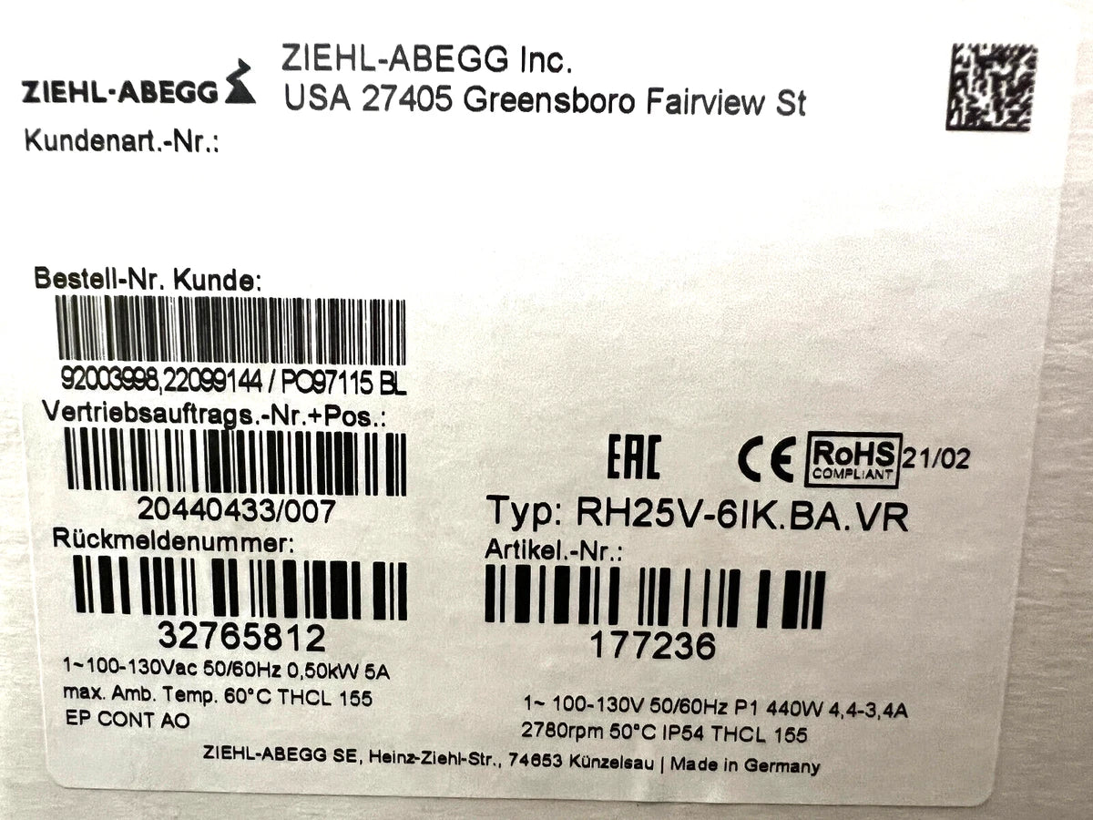 Ziehl-Abegg RH25V-6IK.BA.VR ECBlue 100-130VAC 2780RPM Centrifugal Fan Art#177236